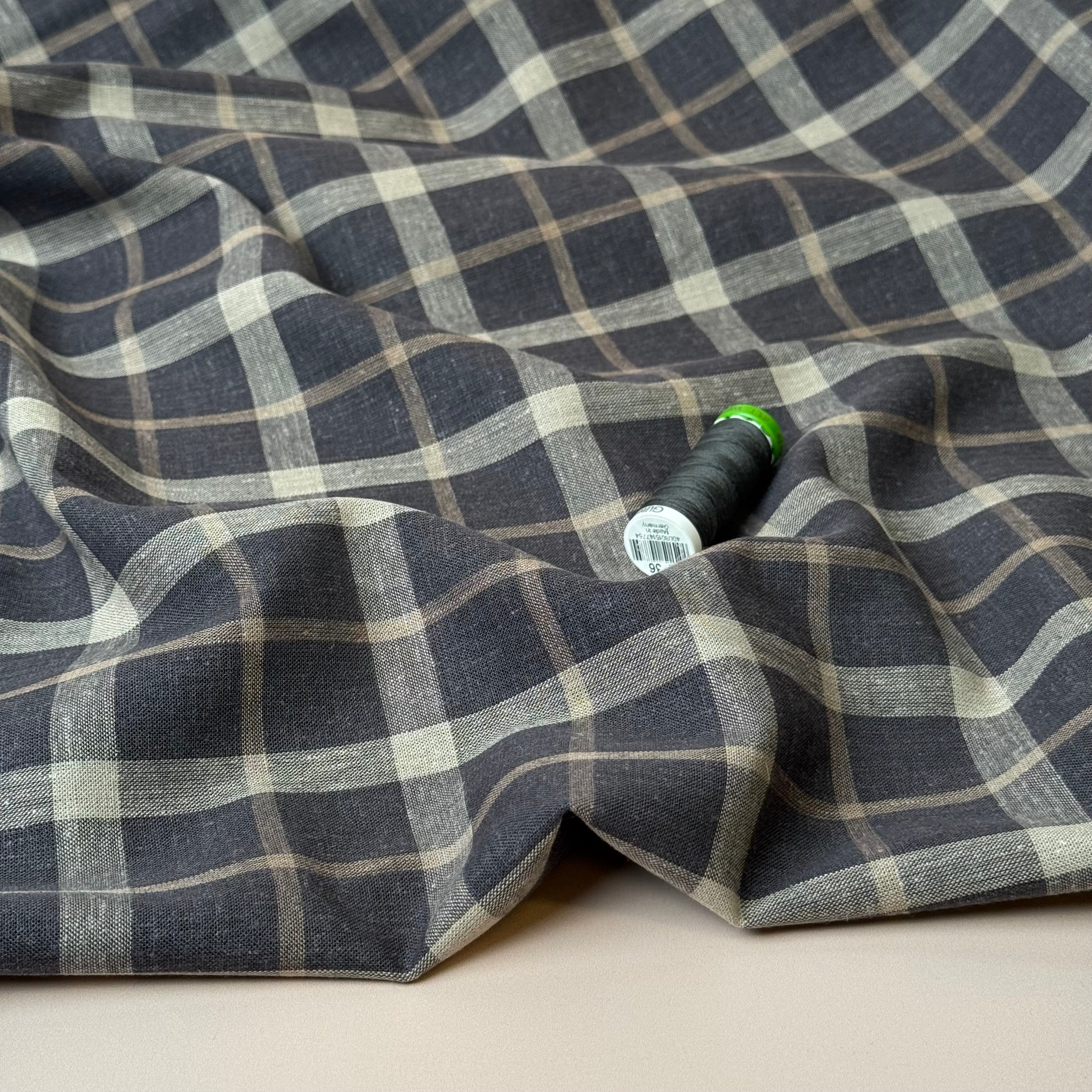 Yarn Dyed Brown Checks Linen Viscose Fabric