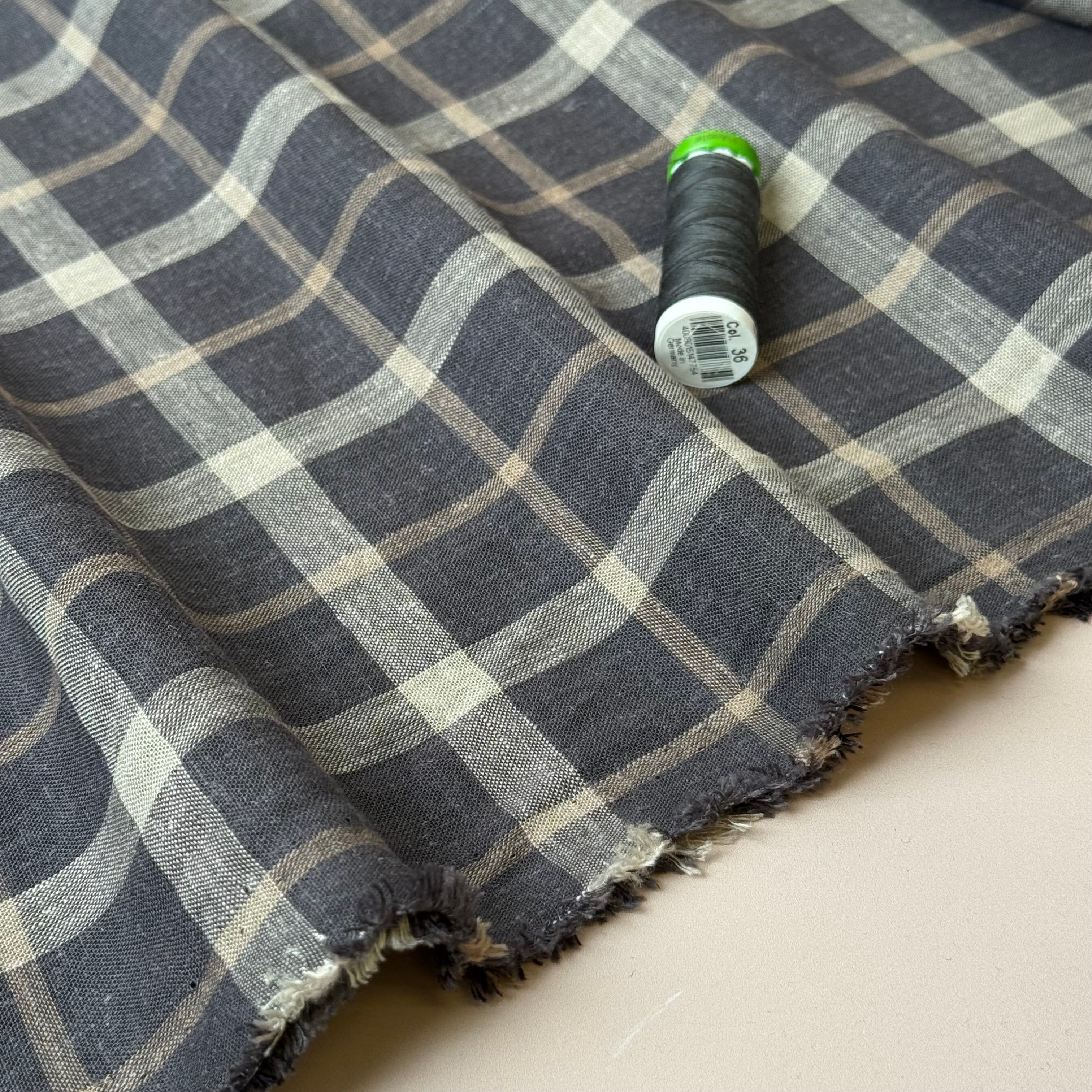 Yarn Dyed Brown Checks Linen Viscose Fabric