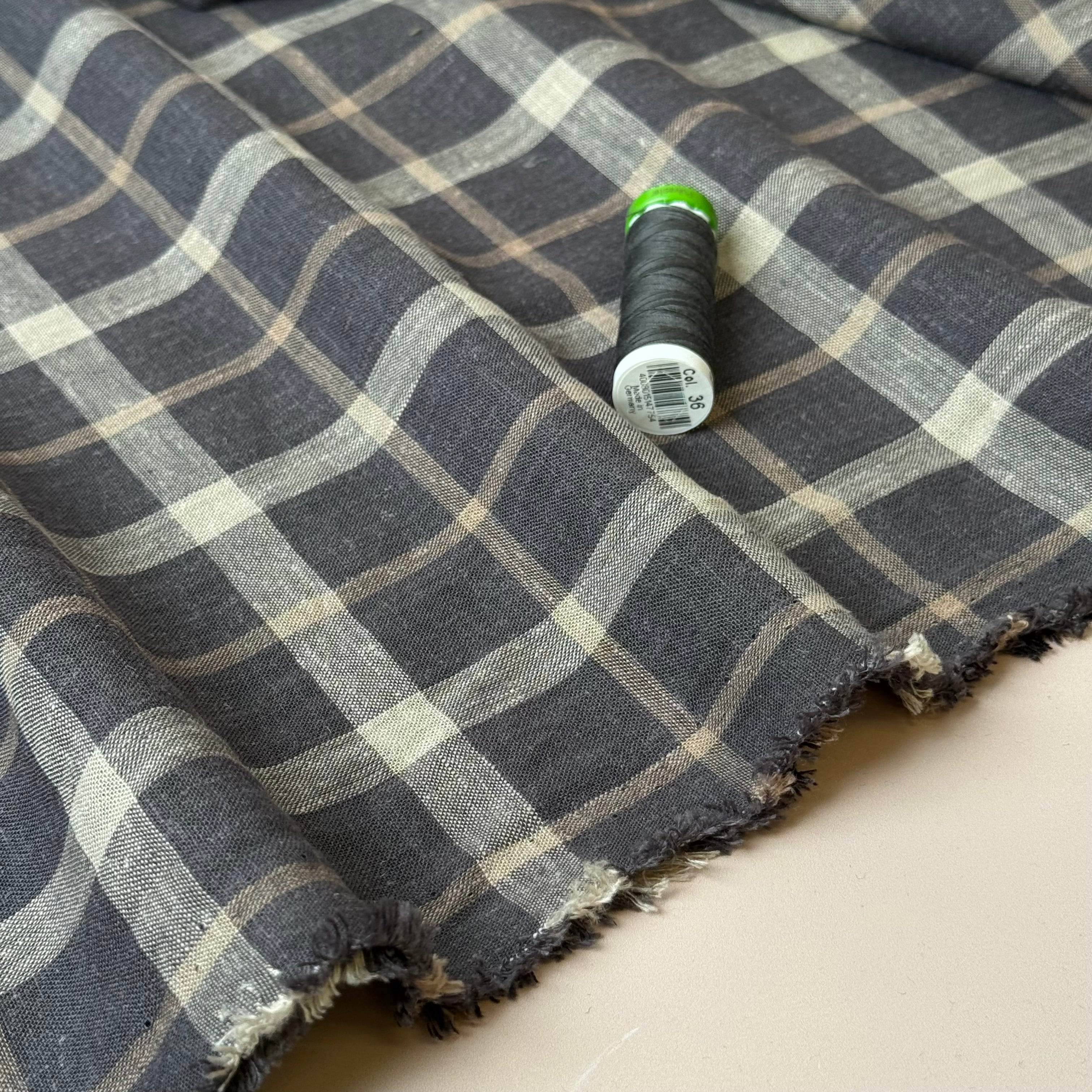 Yarn Dyed Brown Checks Linen Viscose Fabric