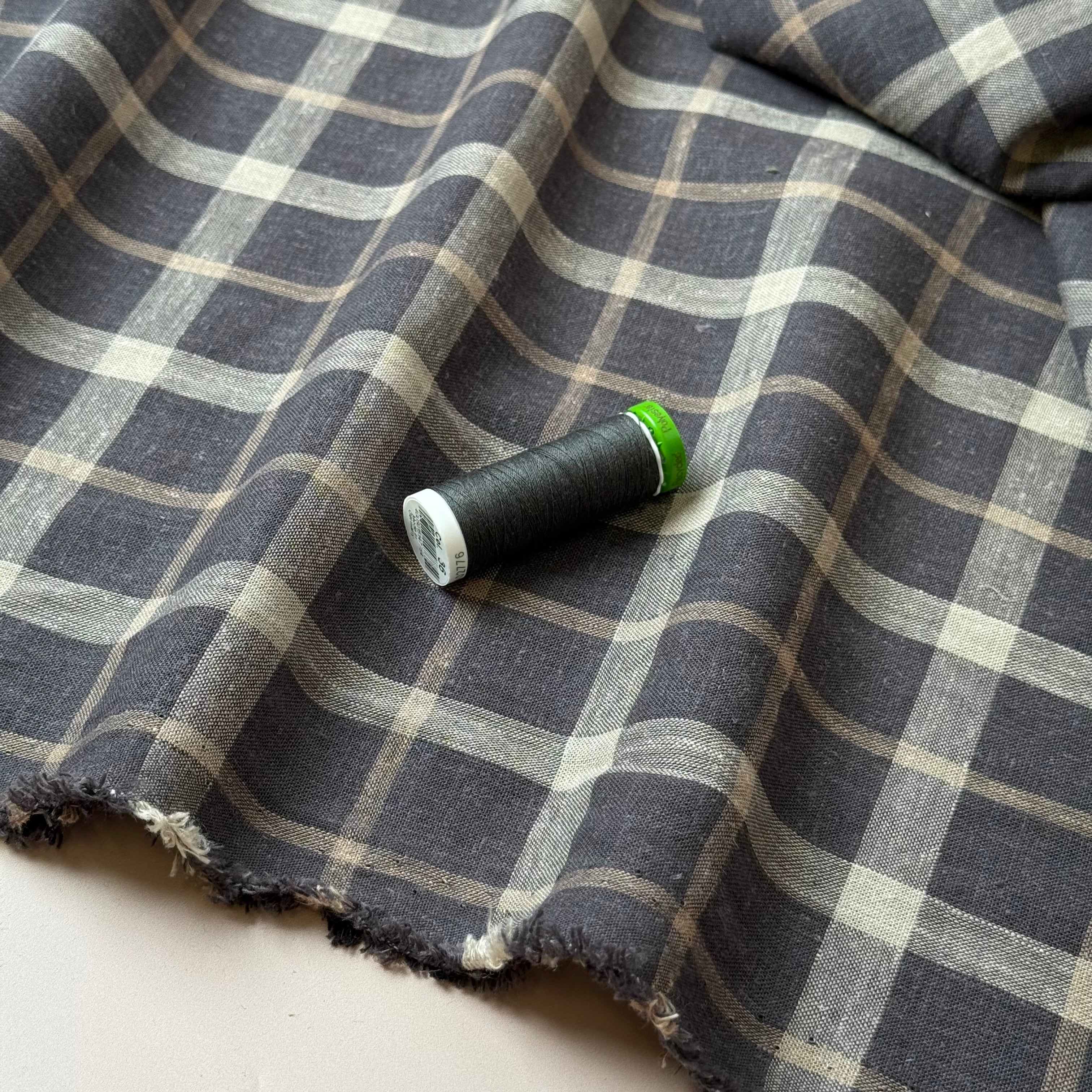Yarn Dyed Brown Checks Linen Viscose Fabric