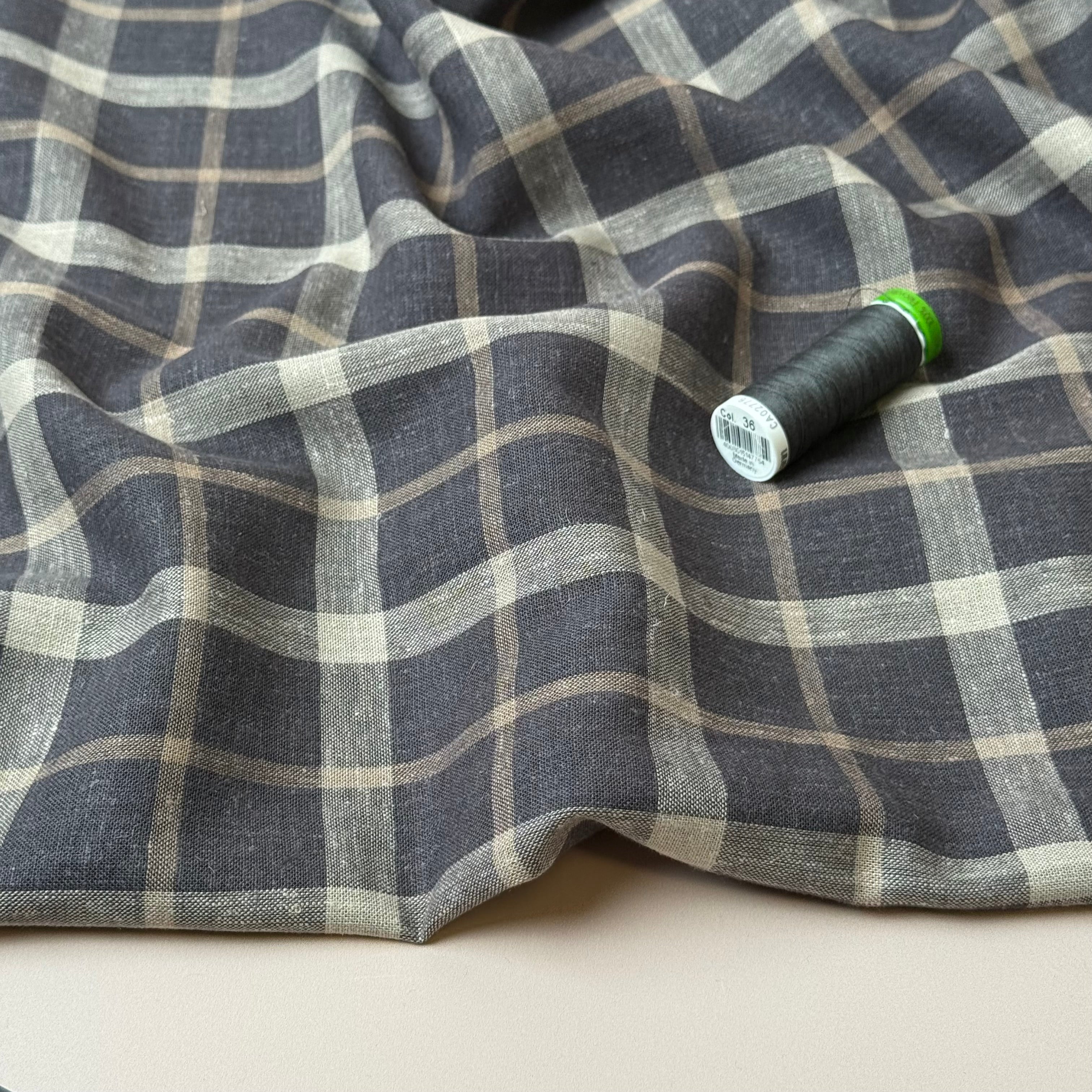Yarn Dyed Brown Checks Linen Viscose Fabric