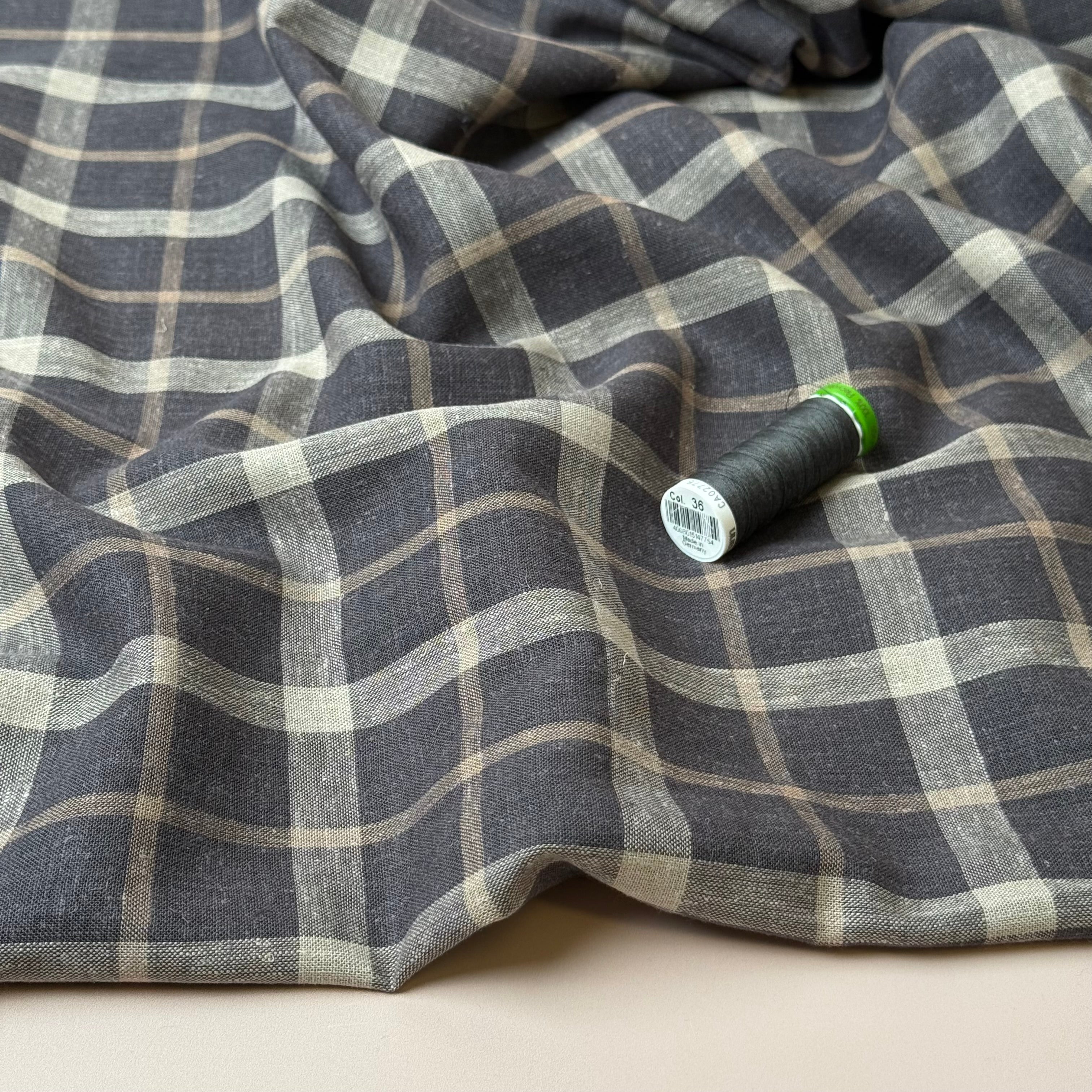 Yarn Dyed Brown Checks Linen Viscose Fabric