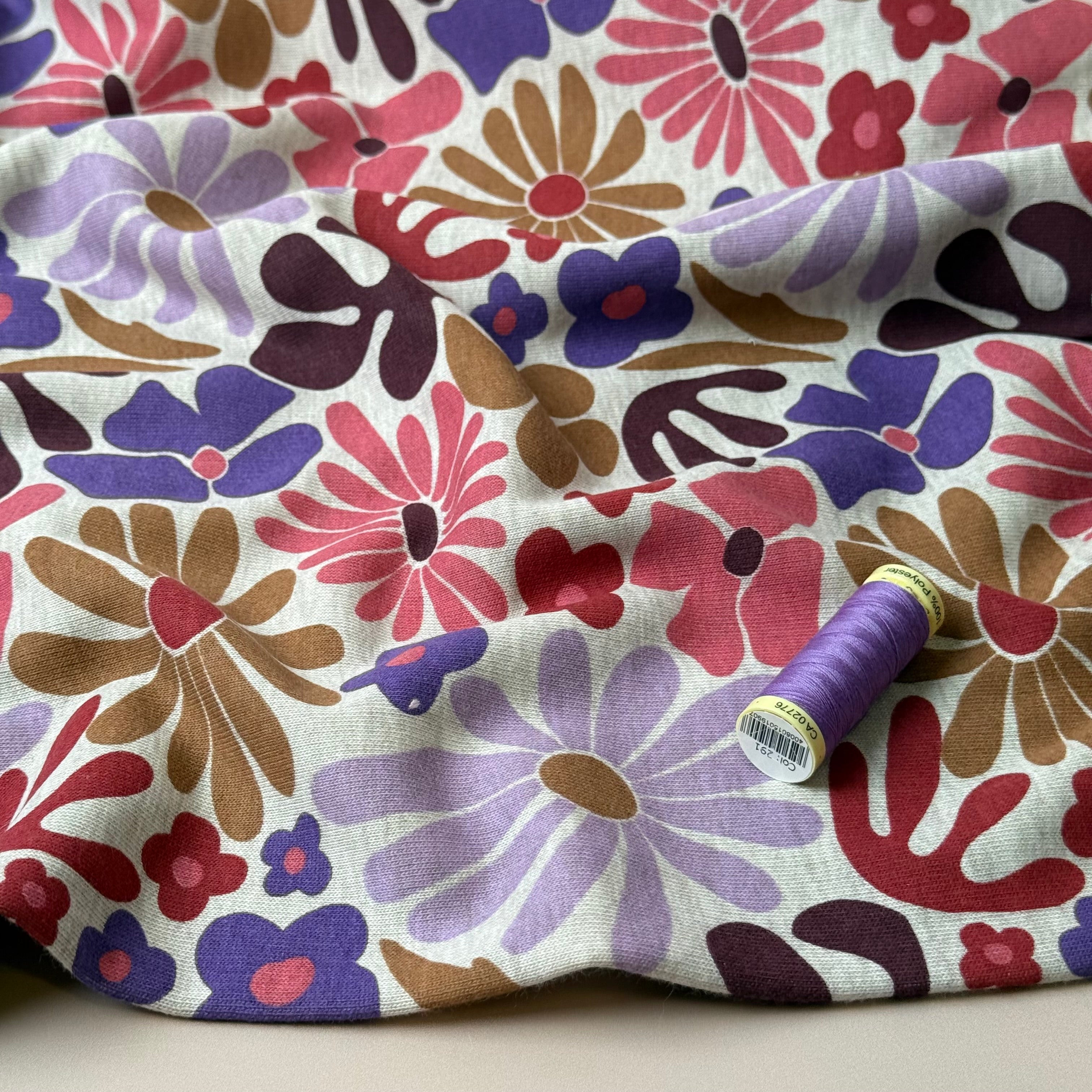 Flowers on Melange Sand Cotton Sweat-shirting Fabric