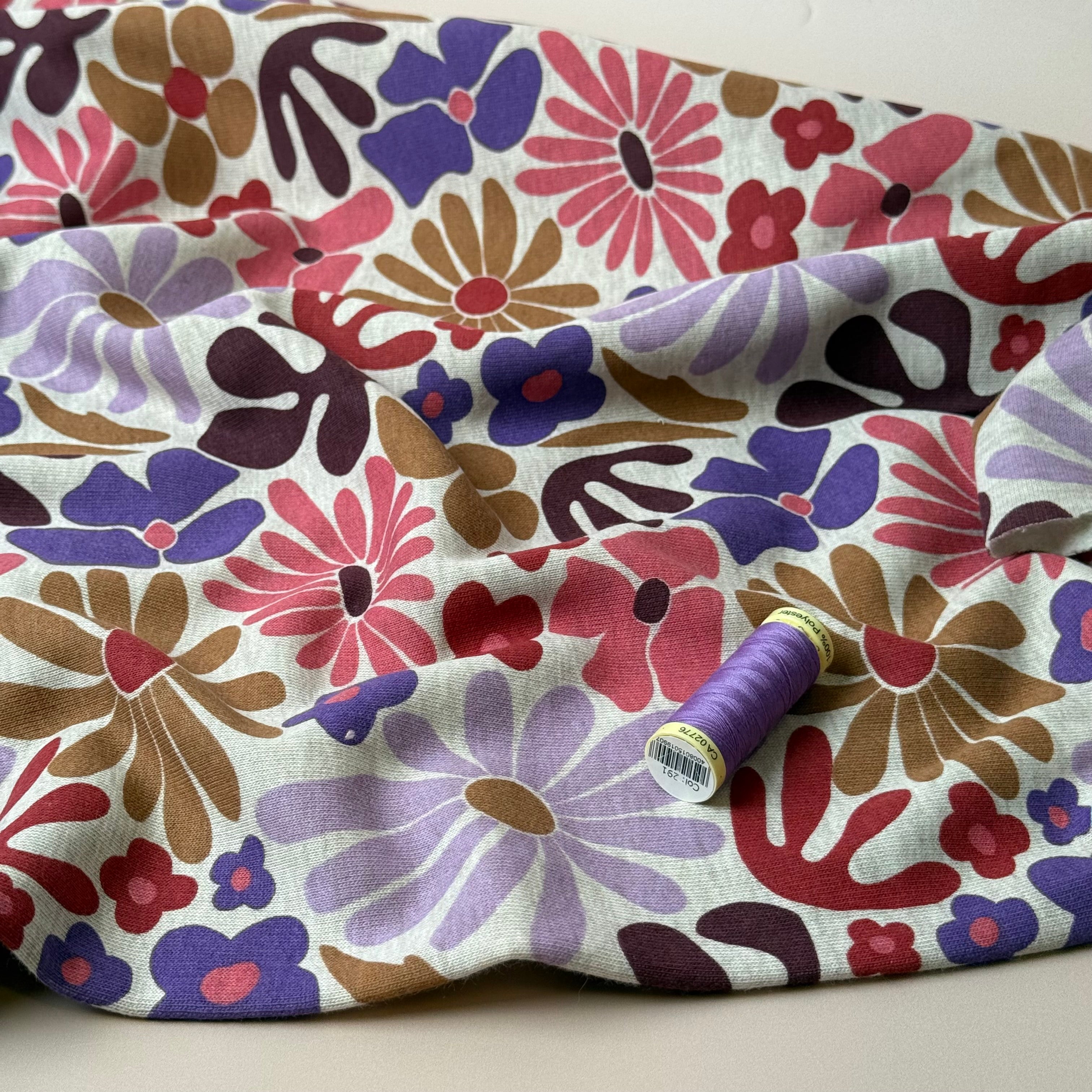 Flowers on Melange Sand Cotton Sweat-shirting Fabric