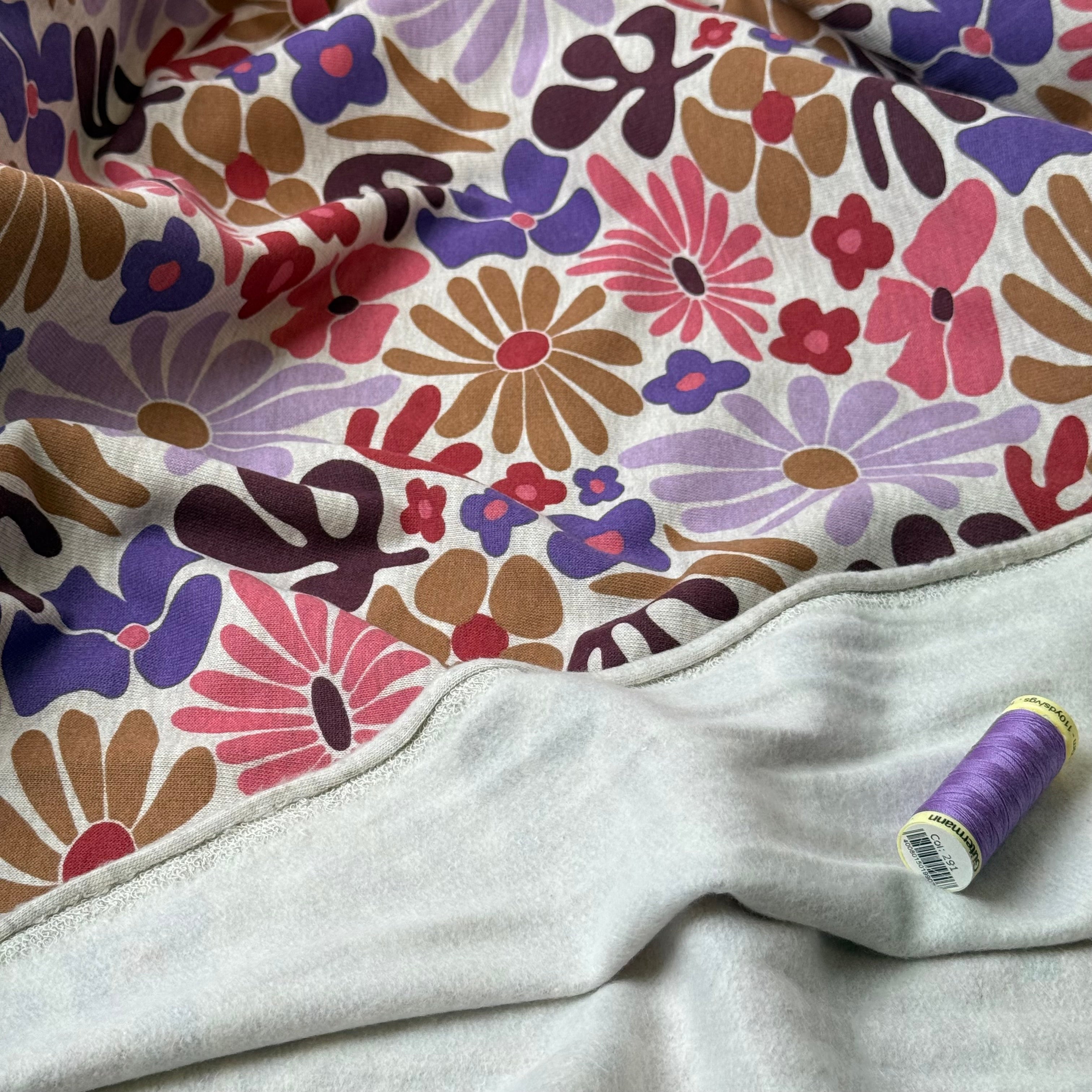Flowers on Melange Sand Cotton Sweat-shirting Fabric