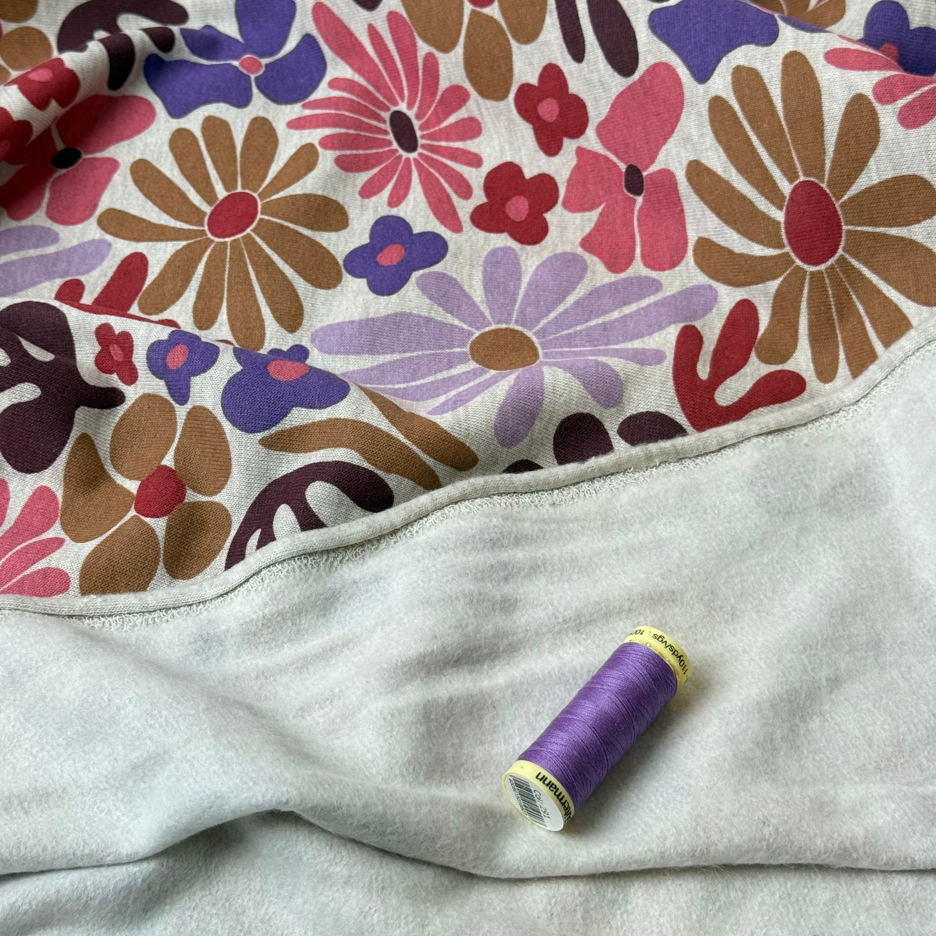 Flowers on Melange Sand Cotton Sweat-shirting Fabric