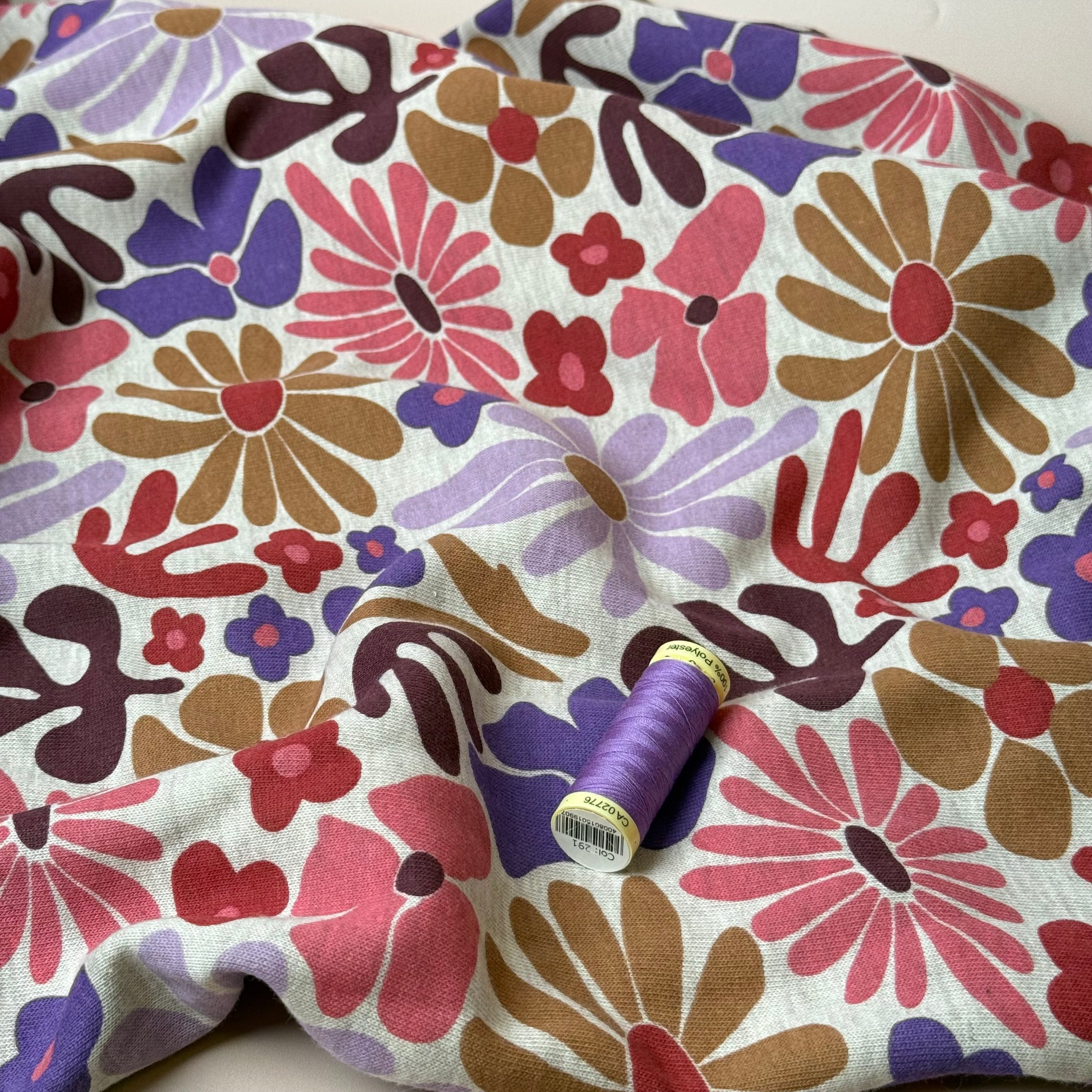 Flowers on Melange Sand Cotton Sweat-shirting Fabric