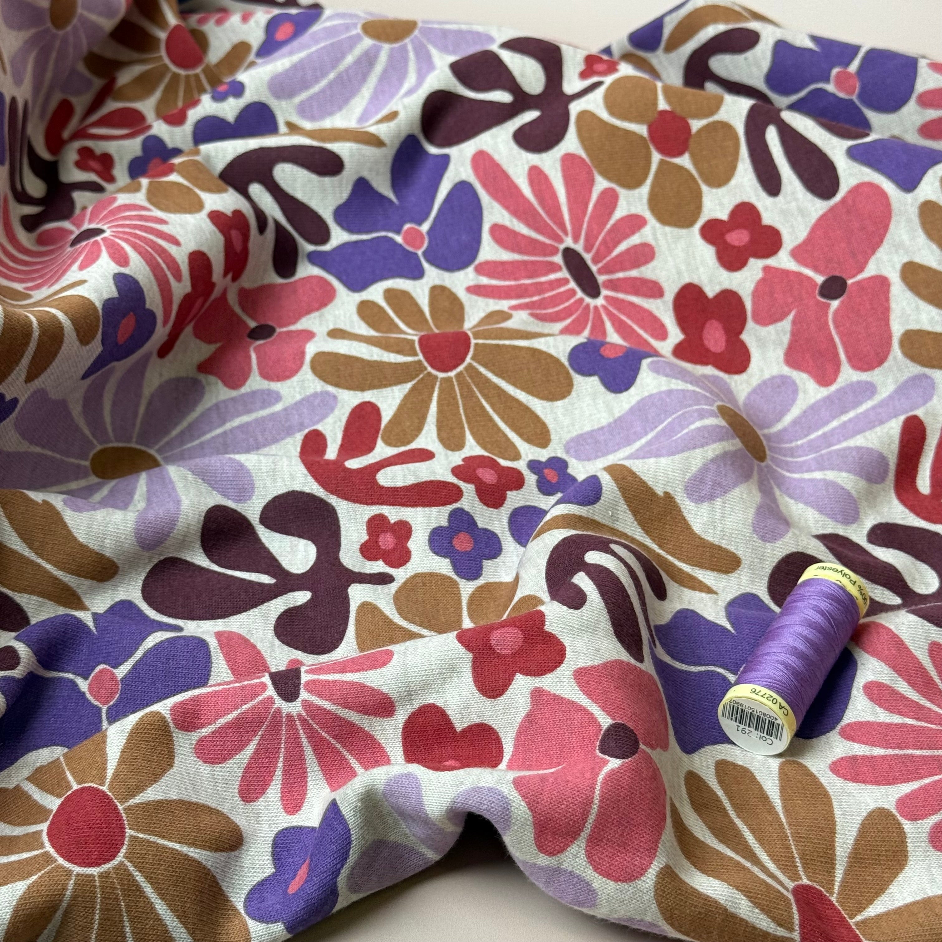 Flowers on Melange Sand Cotton Sweat-shirting Fabric