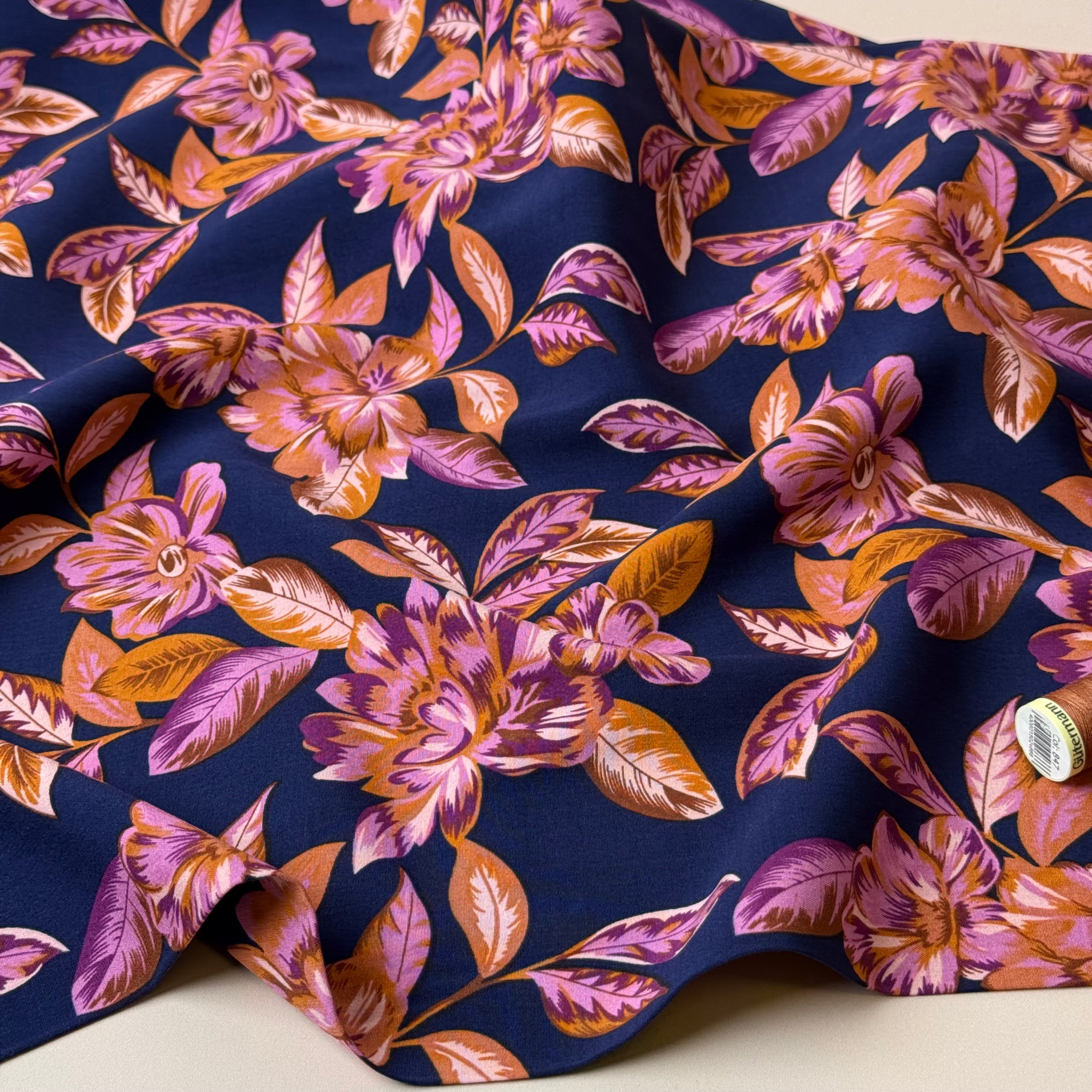 Autumn Flowers Navy Viscose Poplin With Little Stretch