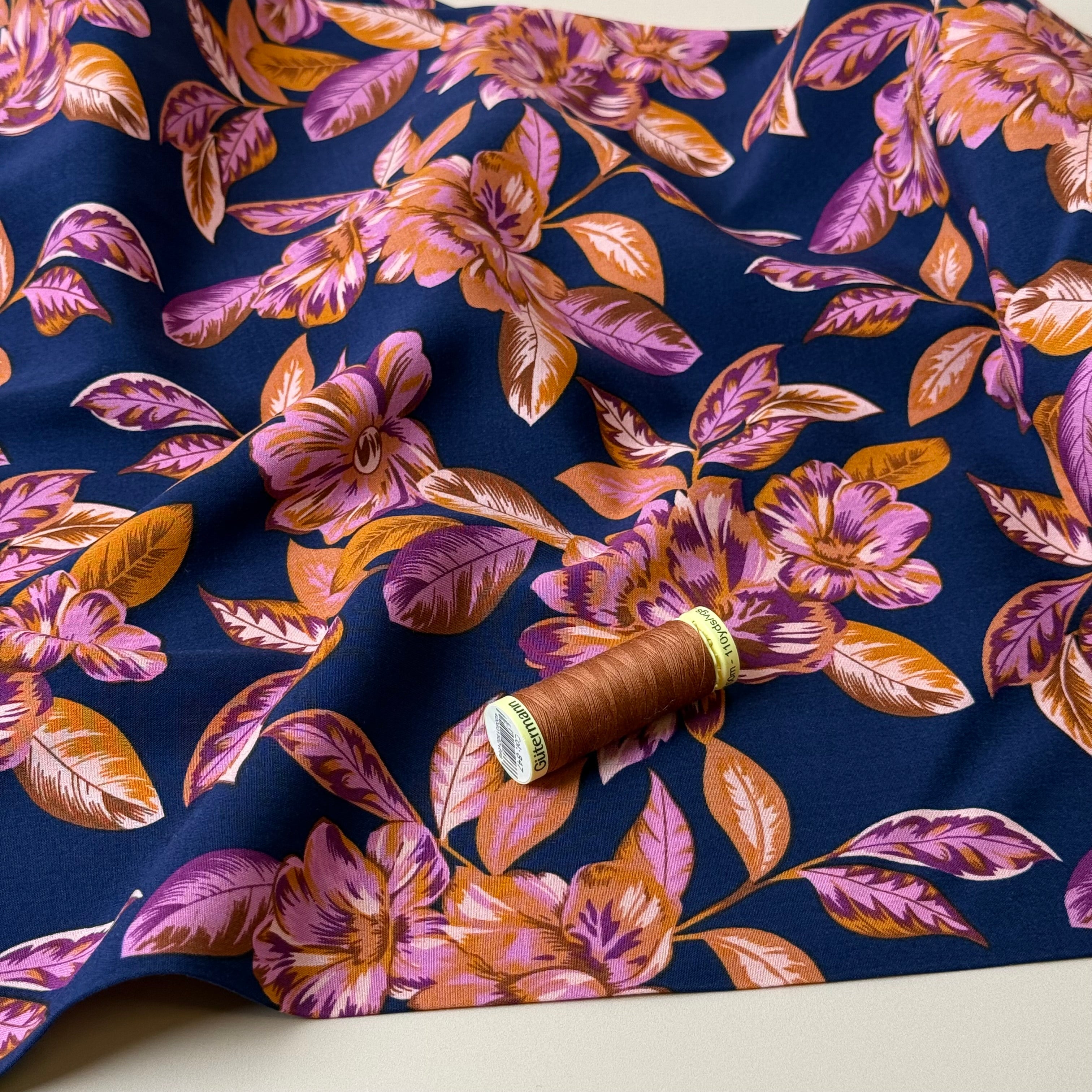 Autumn Flowers Navy Viscose Poplin With Little Stretch