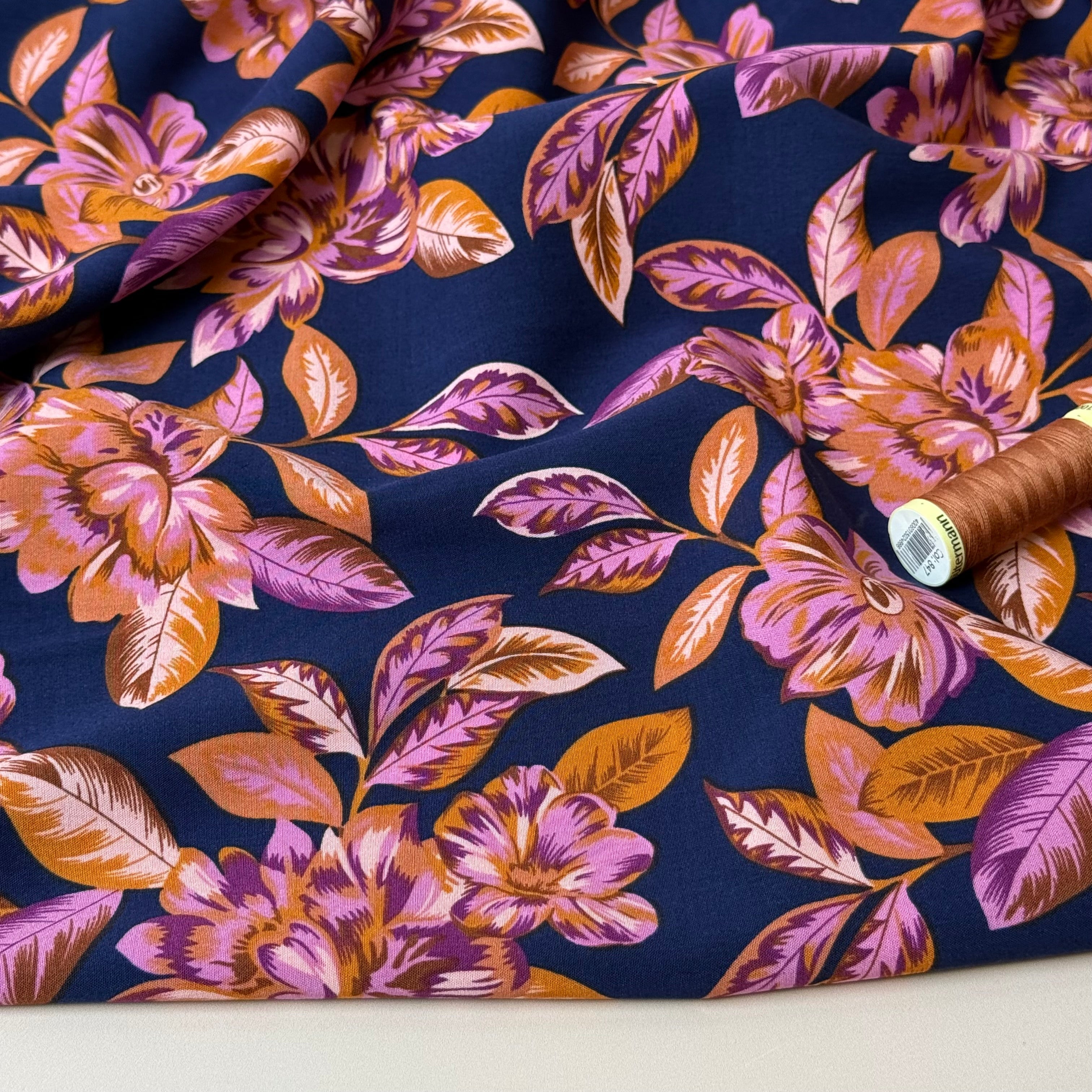 Autumn Flowers Navy Viscose Poplin With Little Stretch