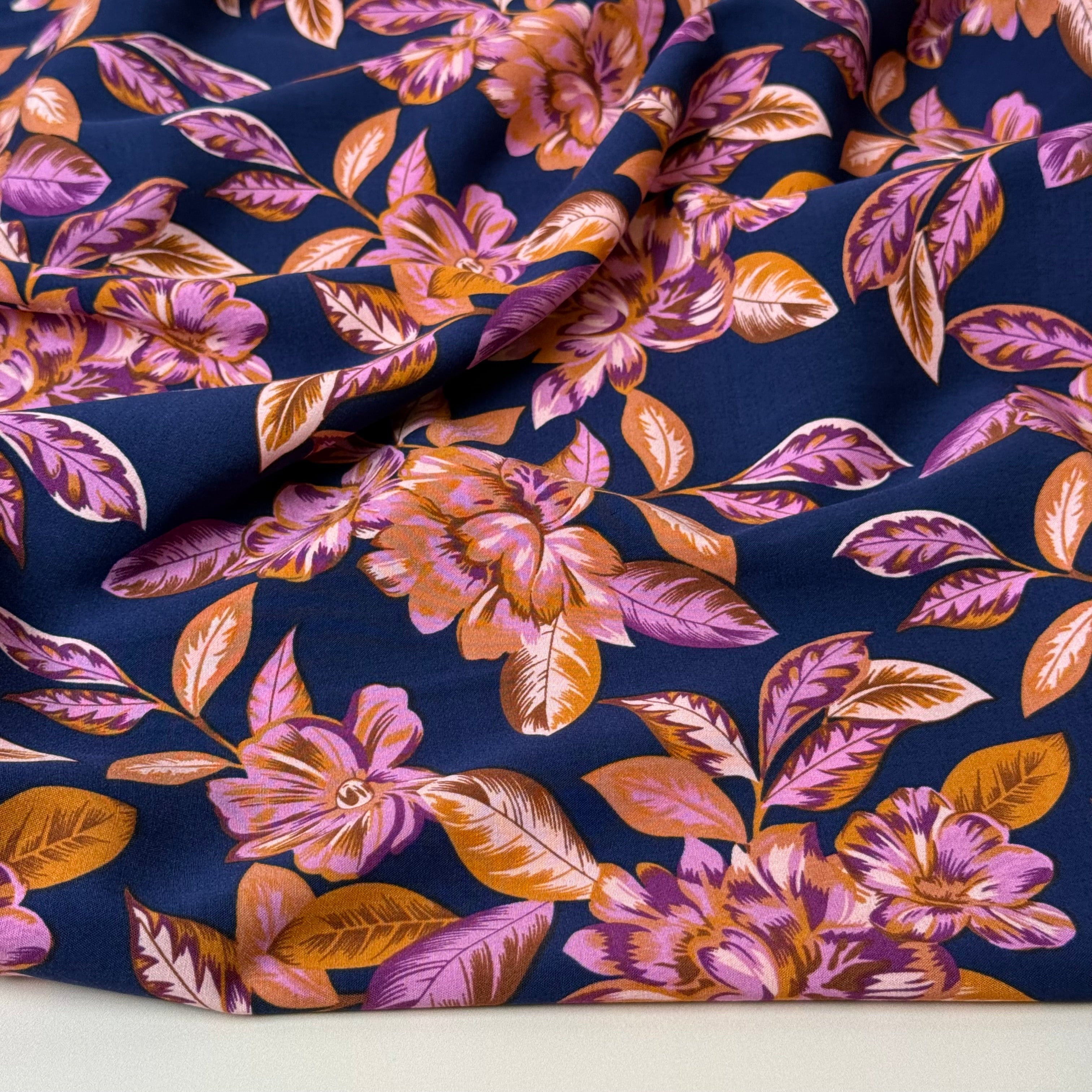 Autumn Flowers Navy Viscose Poplin With Little Stretch