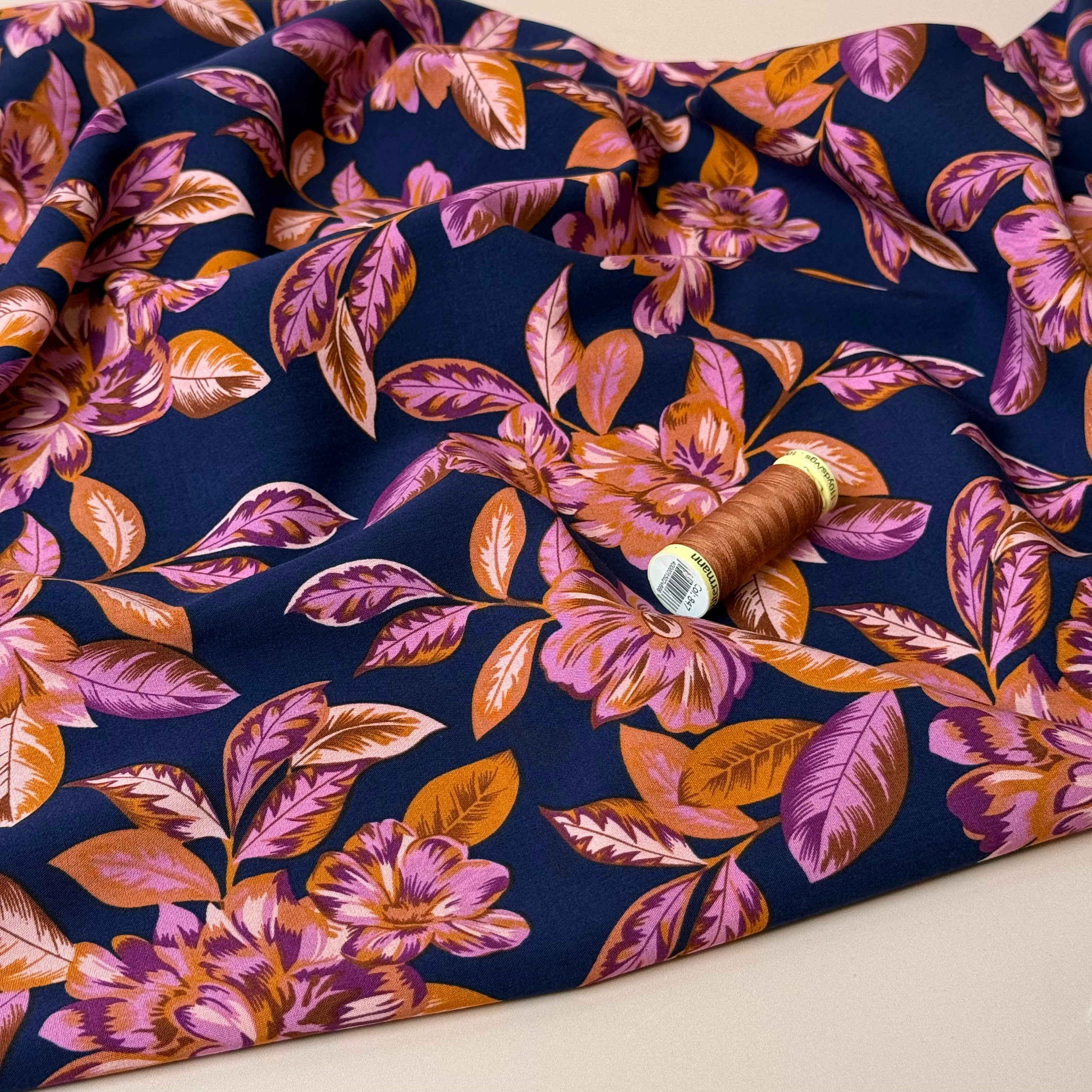Autumn Flowers Navy Viscose Poplin With Little Stretch
