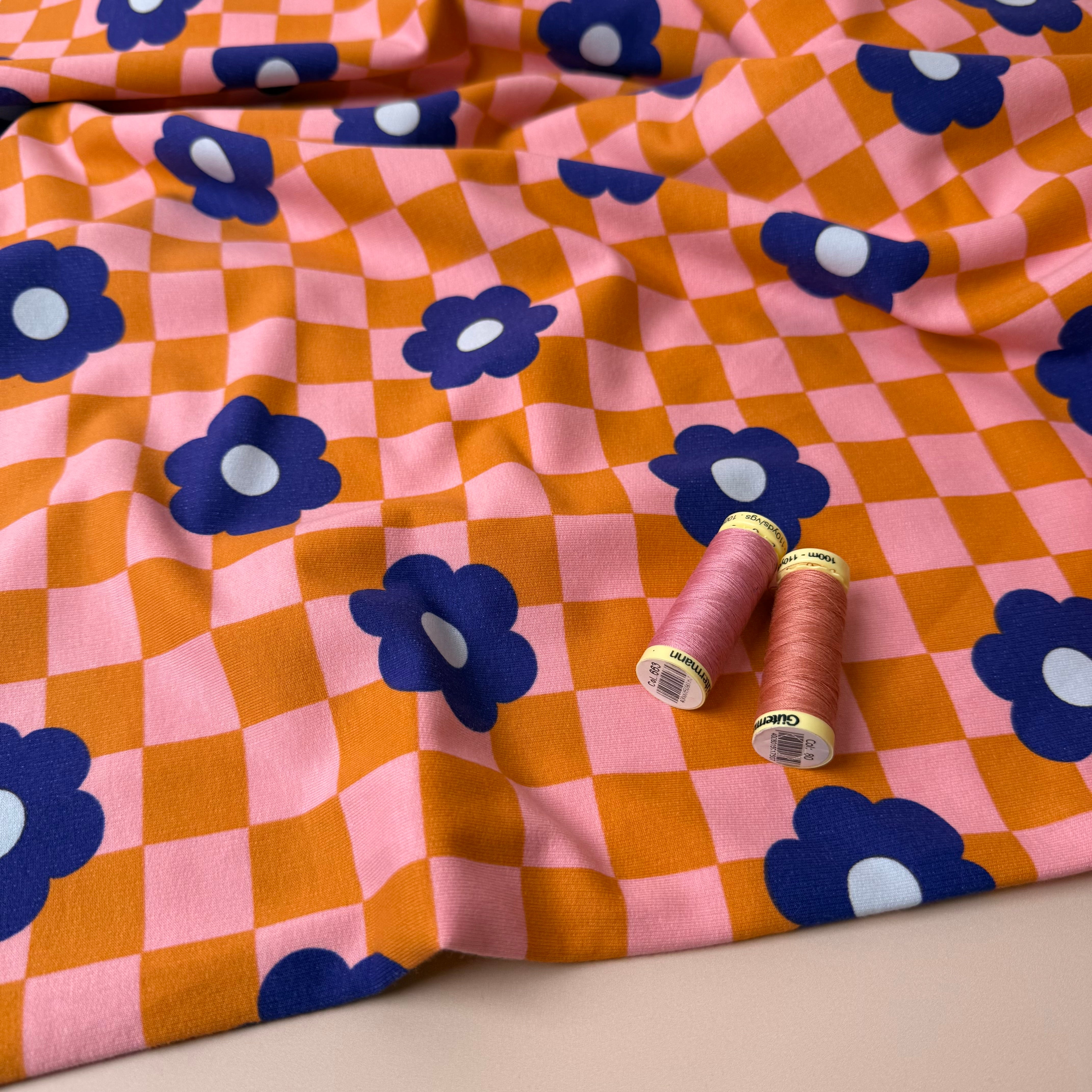 Gingham Flowers Orange Soft Cotton Sweat-shirting Fabric