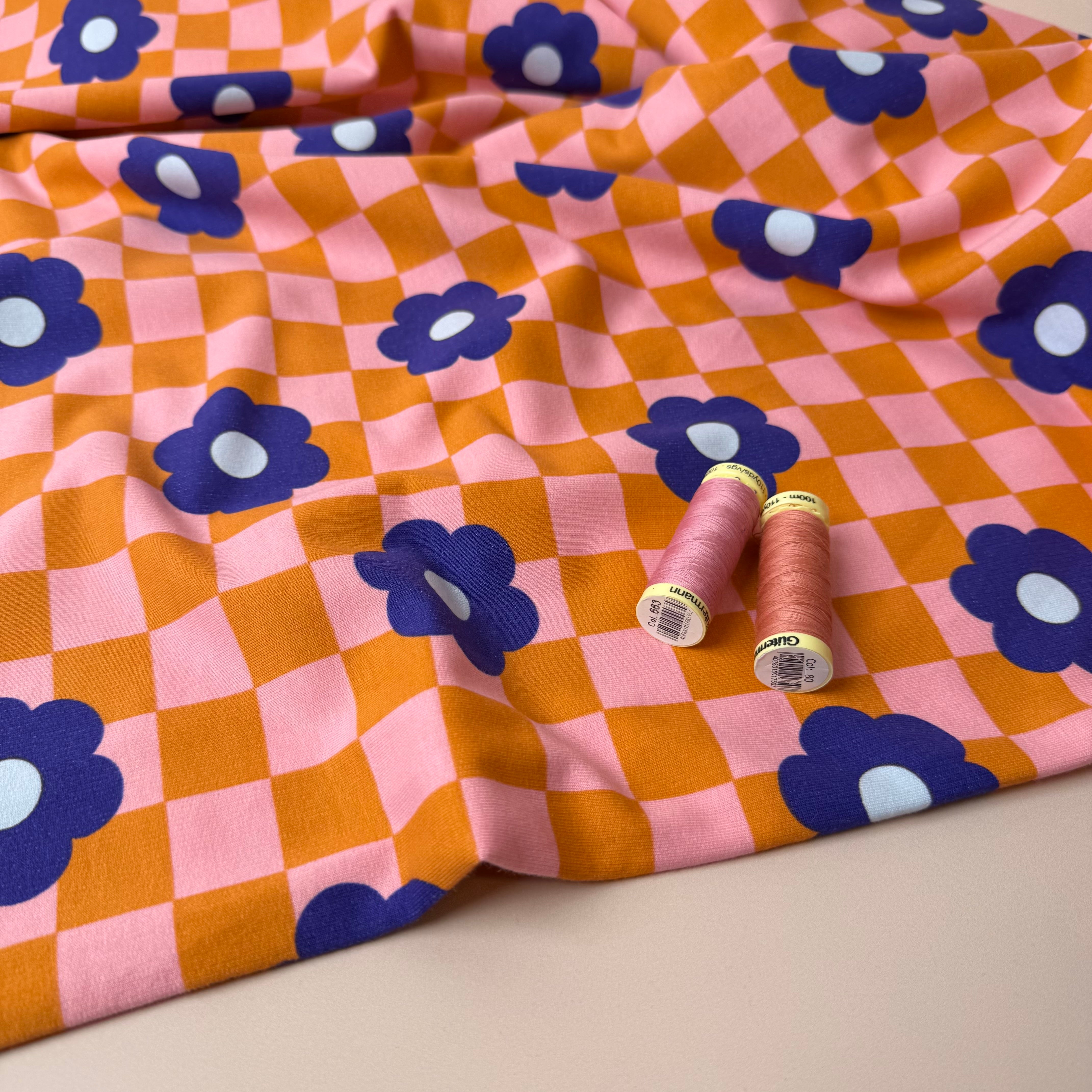 Gingham Flowers Orange Soft Cotton Sweat-shirting Fabric
