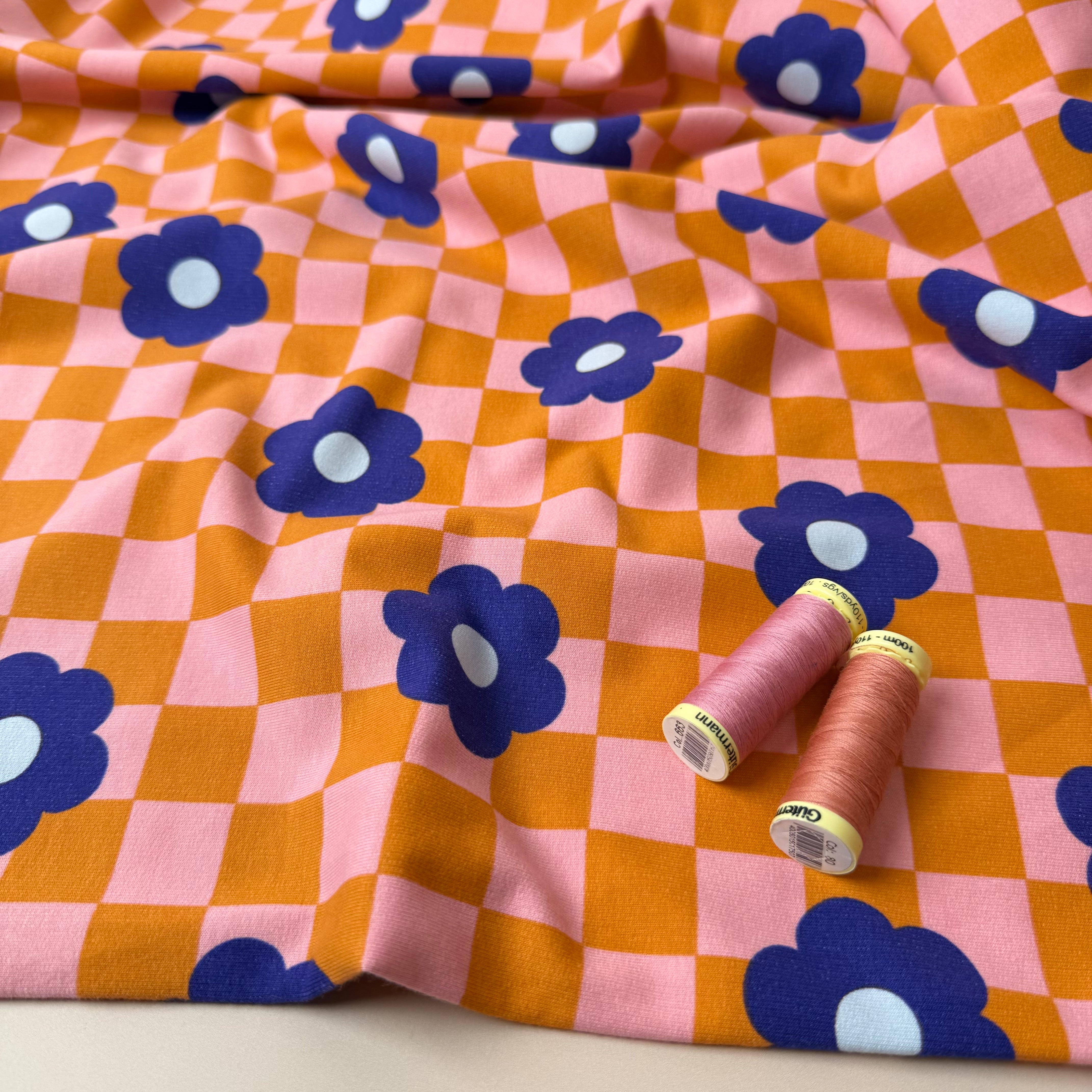 Gingham Flowers Orange Soft Cotton Sweat-shirting Fabric