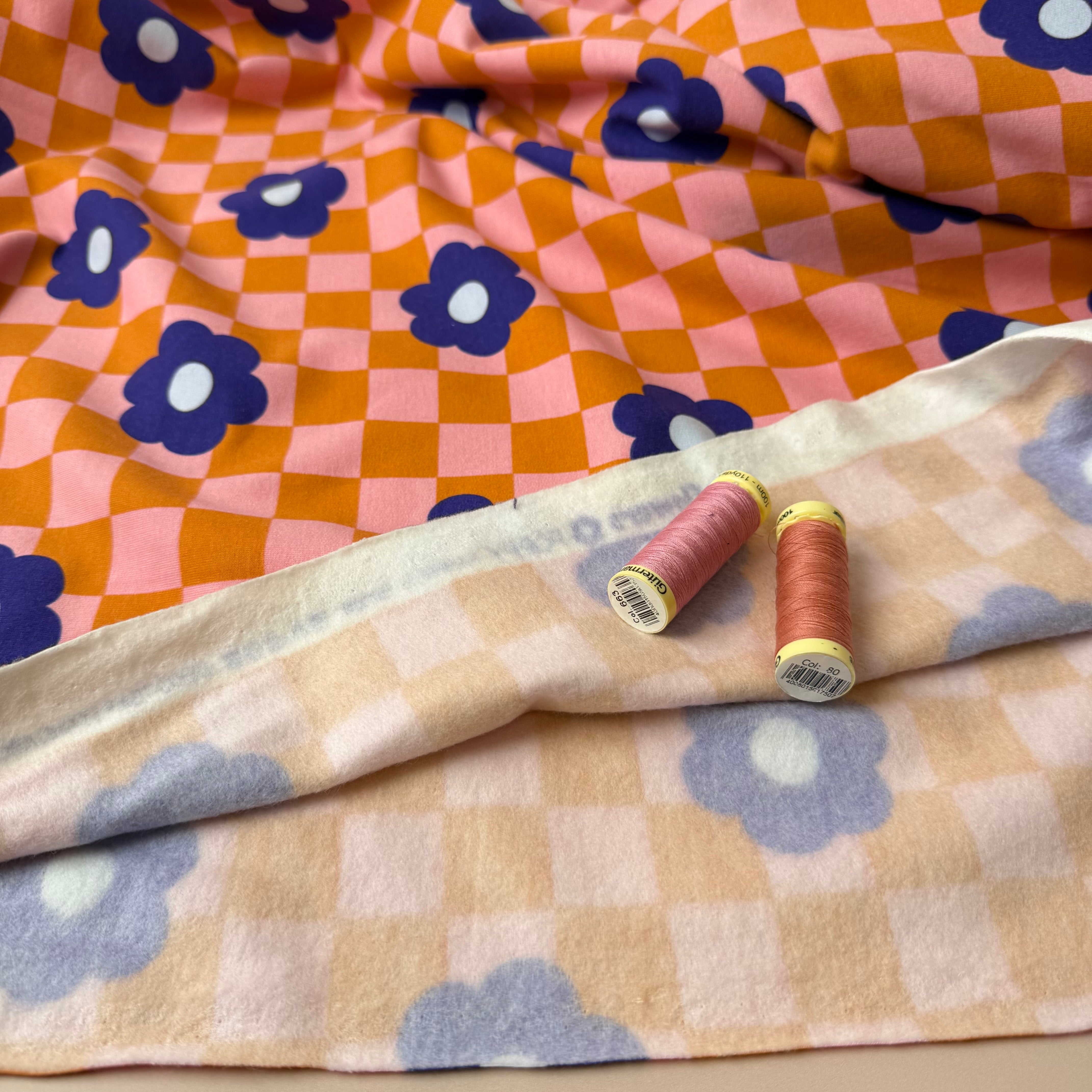 Gingham Flowers Orange Soft Cotton Sweat-shirting Fabric