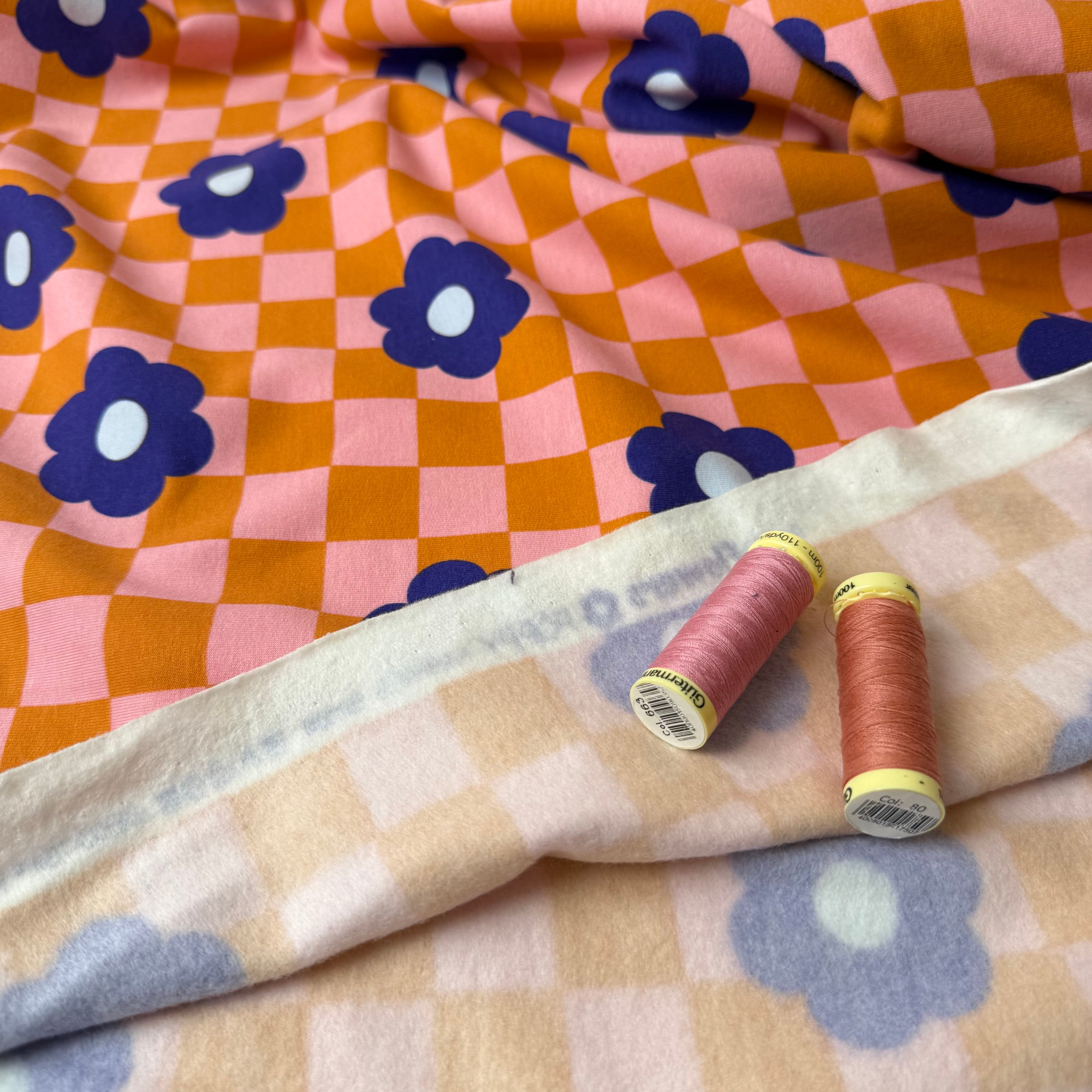 Gingham Flowers Orange Soft Cotton Sweat-shirting Fabric