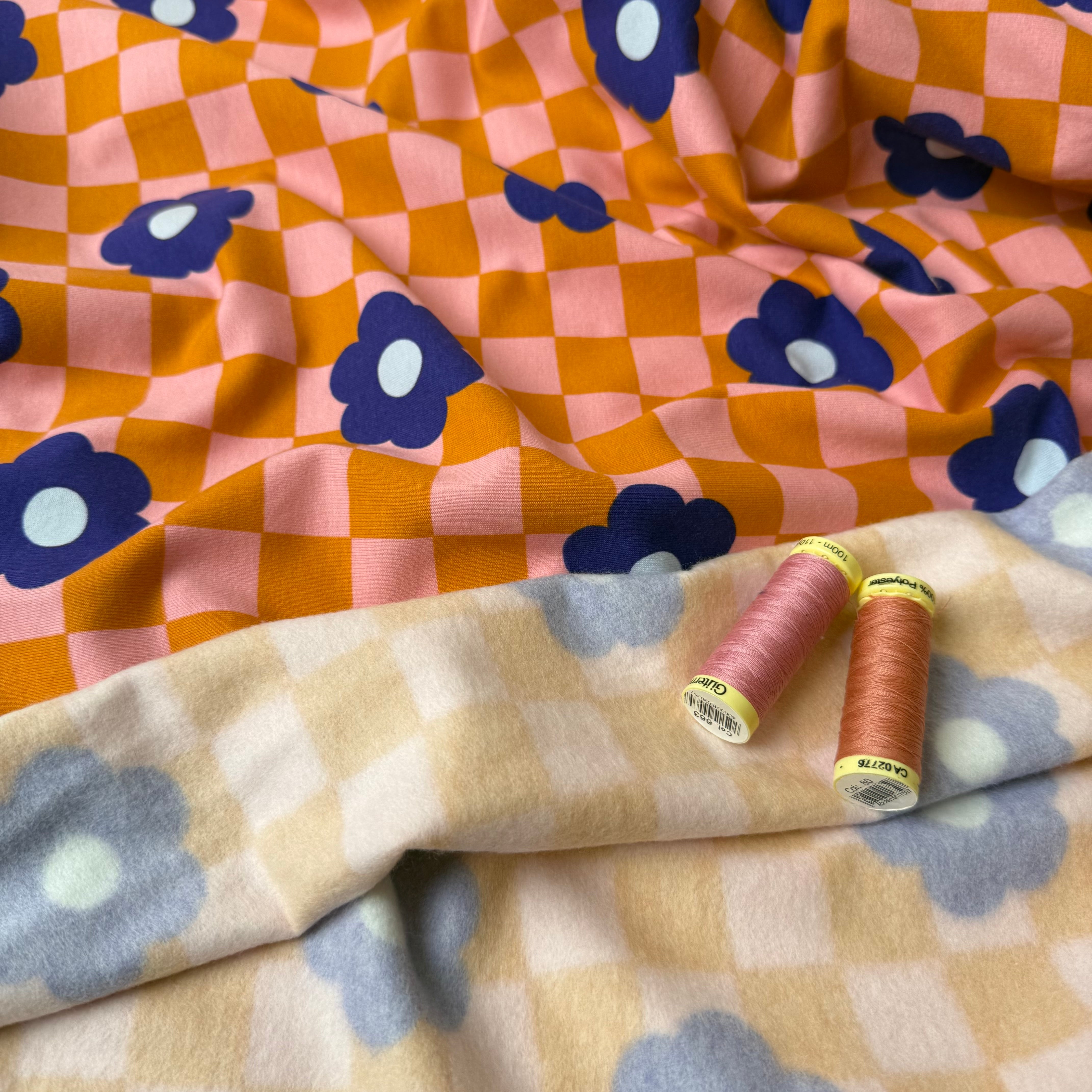 Gingham Flowers Orange Soft Cotton Sweat-shirting Fabric