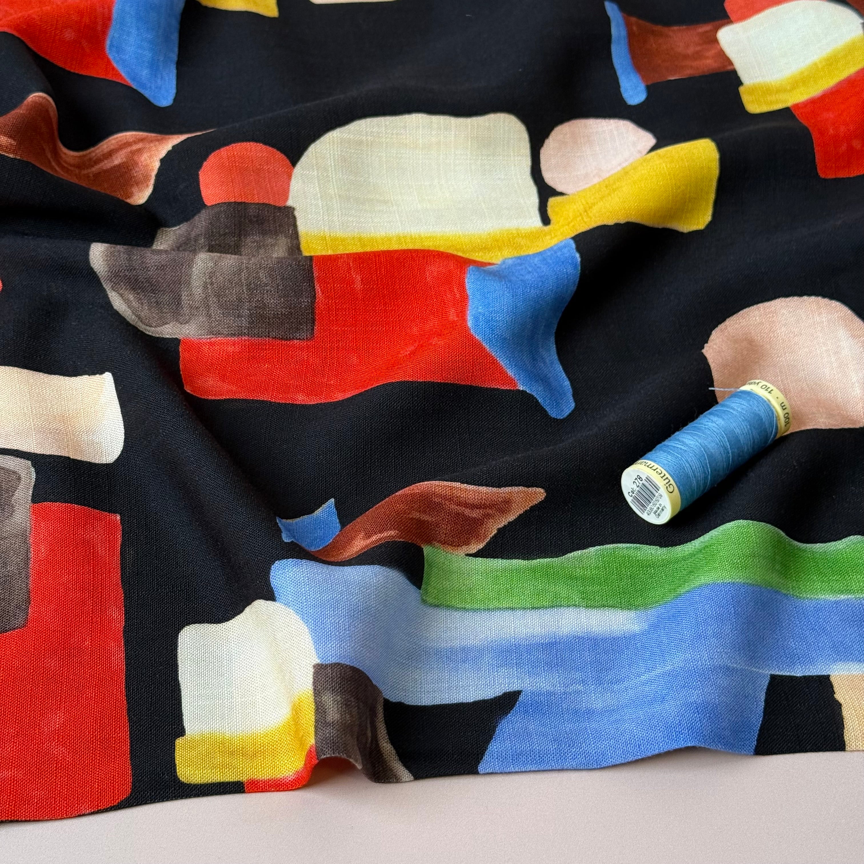 Deadstock - Painterly Shapes on Black Linen Look Slub Rayon Fabric