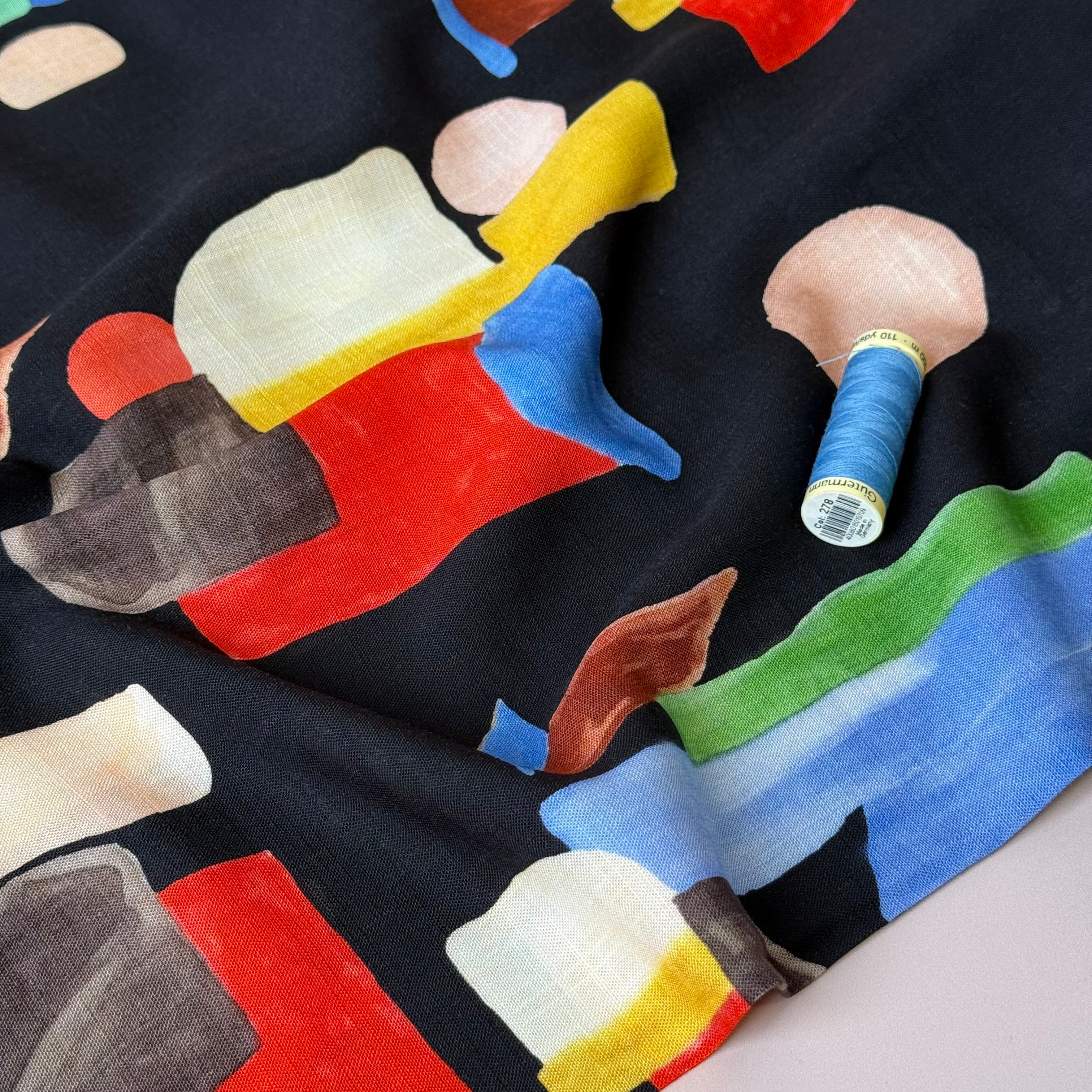 Deadstock - Painterly Shapes on Black Linen Look Slub Rayon Fabric