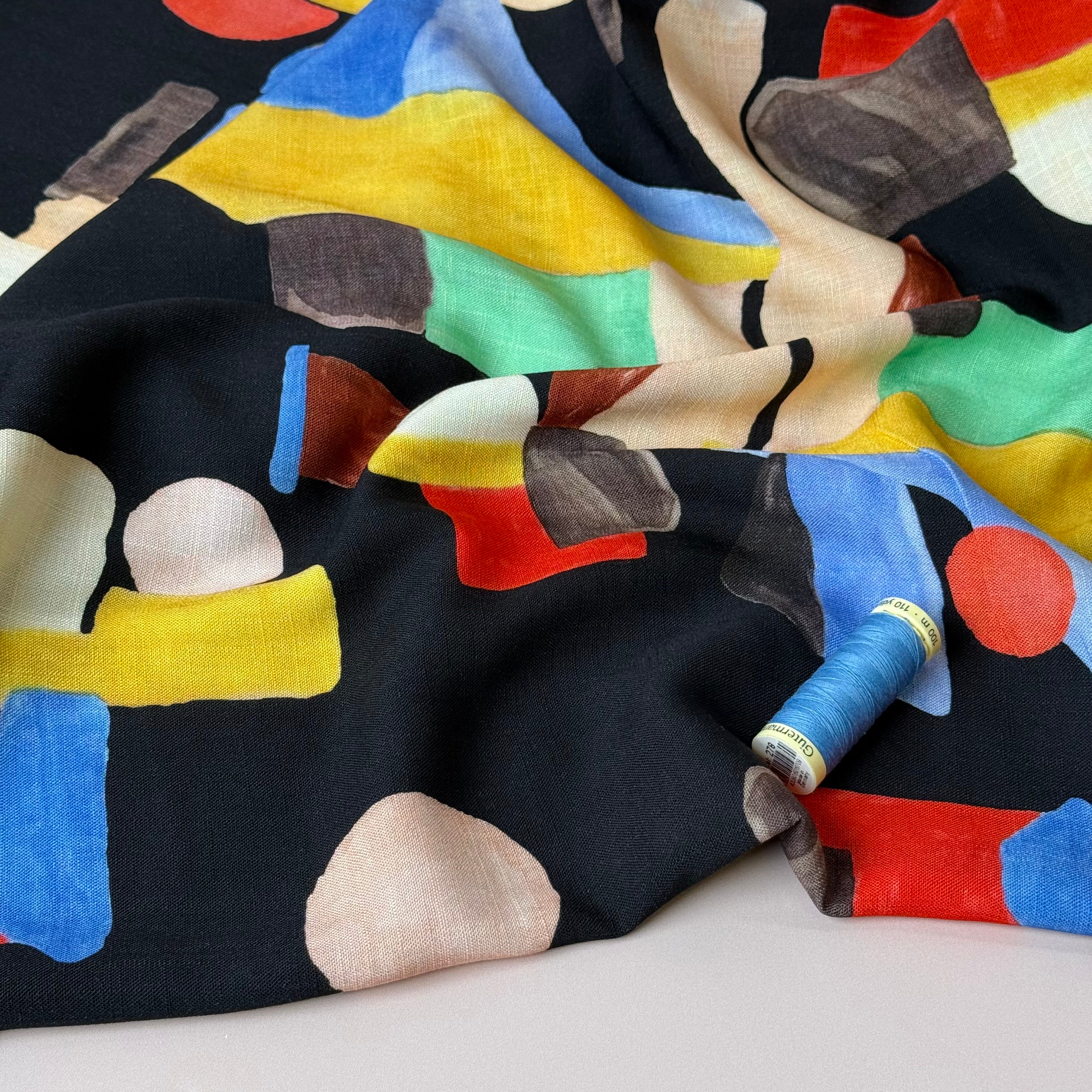 Deadstock - Painterly Shapes on Black Linen Look Slub Rayon Fabric