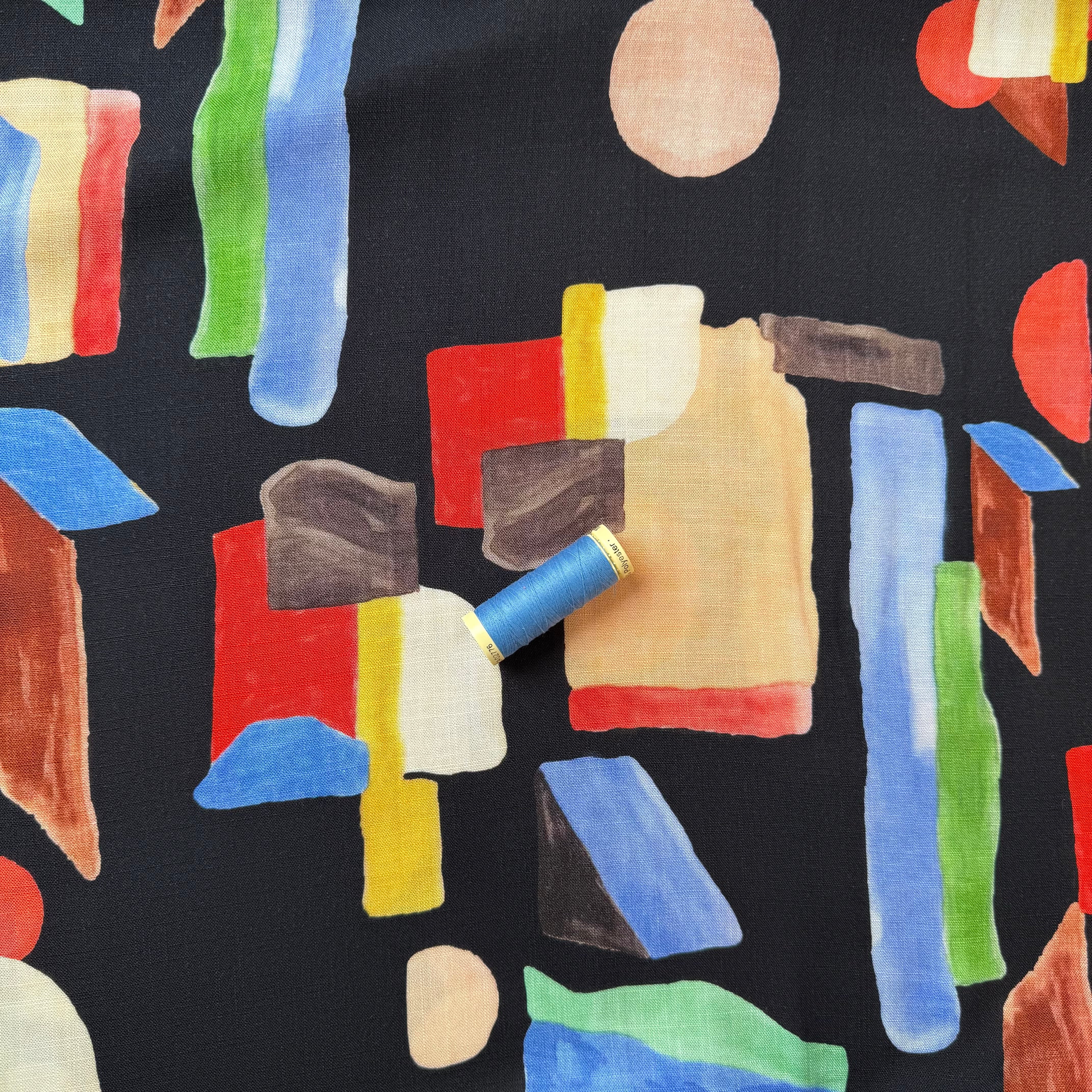 Deadstock - Painterly Shapes on Black Linen Look Slub Rayon Fabric