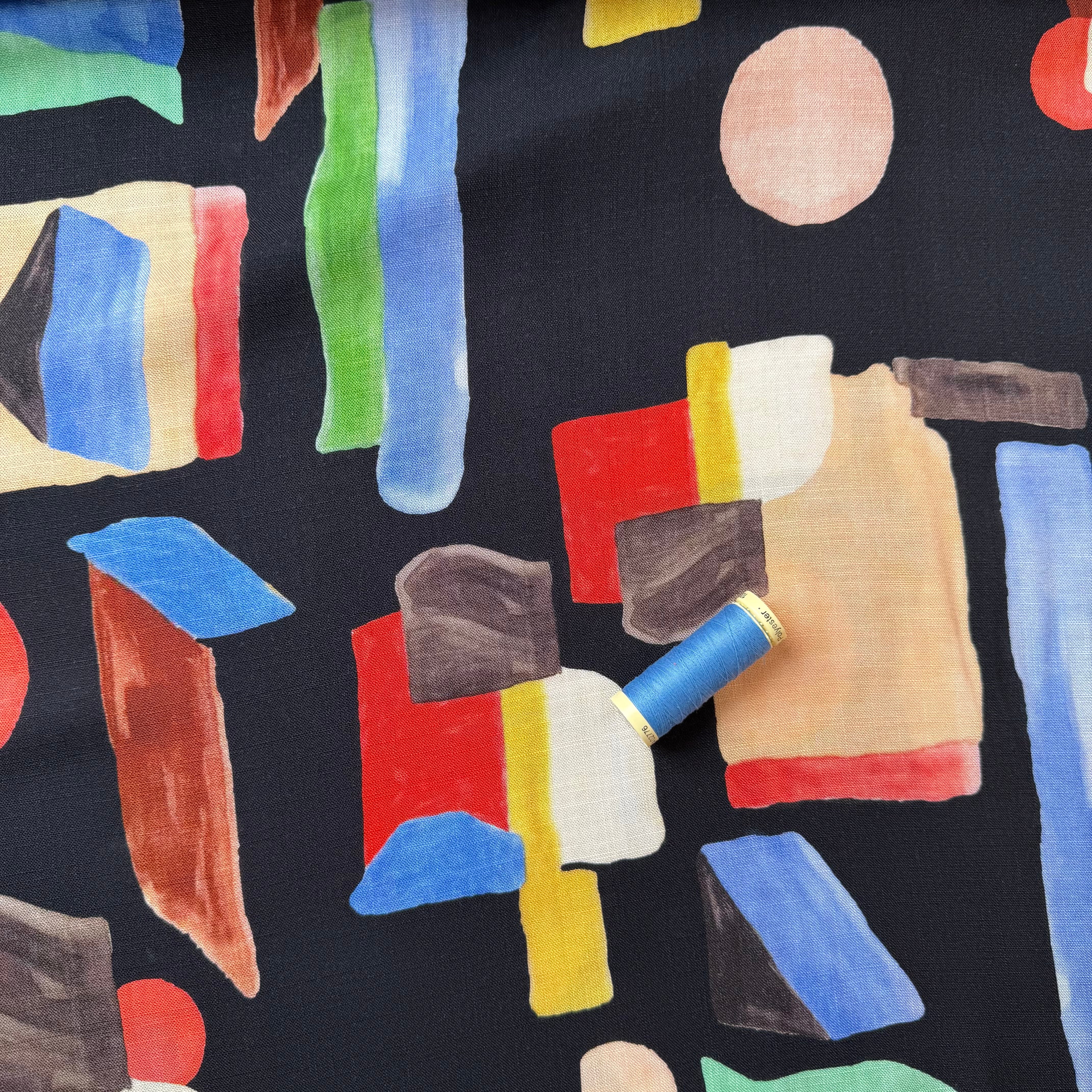 Deadstock - Painterly Shapes on Black Linen Look Slub Rayon Fabric