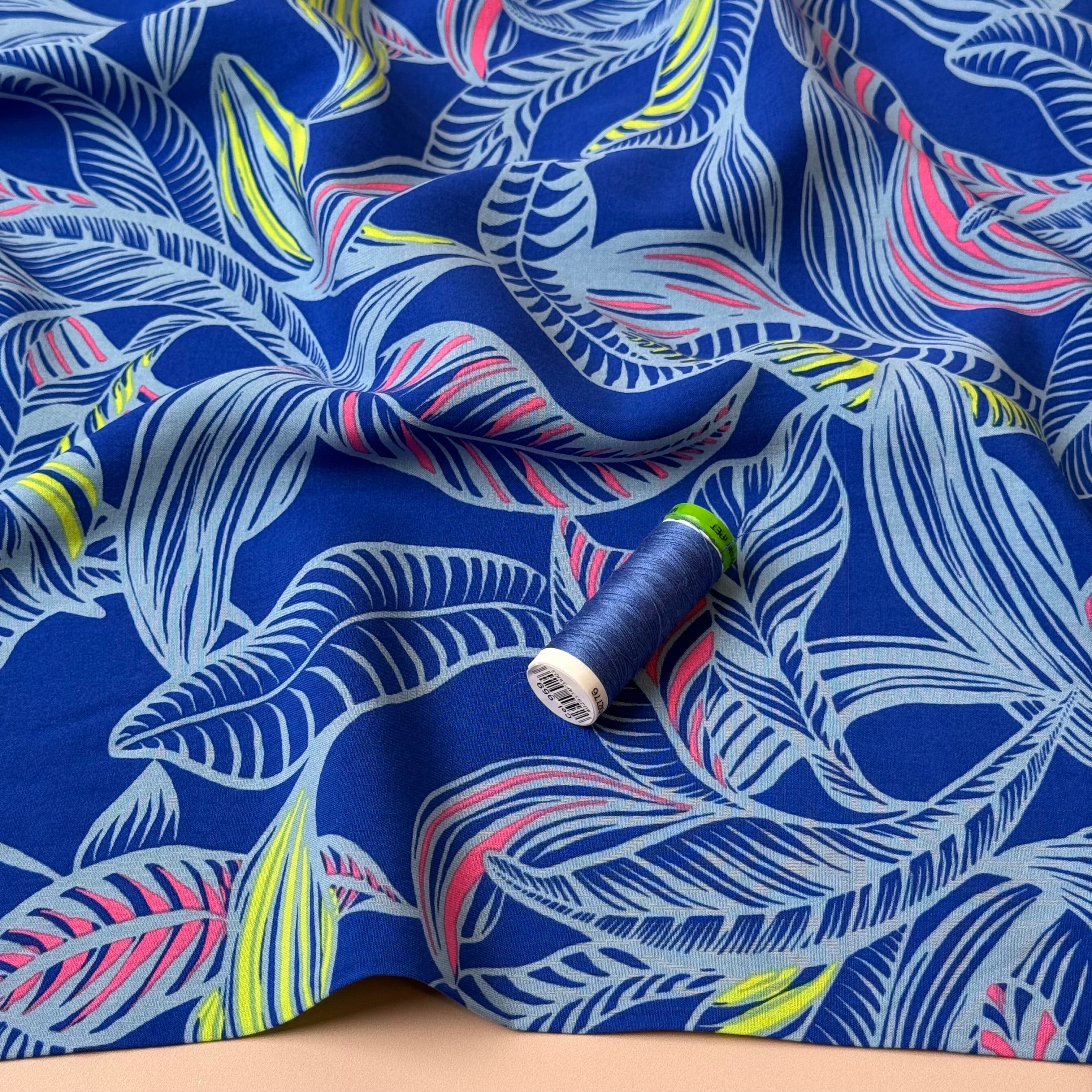 Leaves on Cobalt LENZING™ ECOVERO™ Viscose Fabric