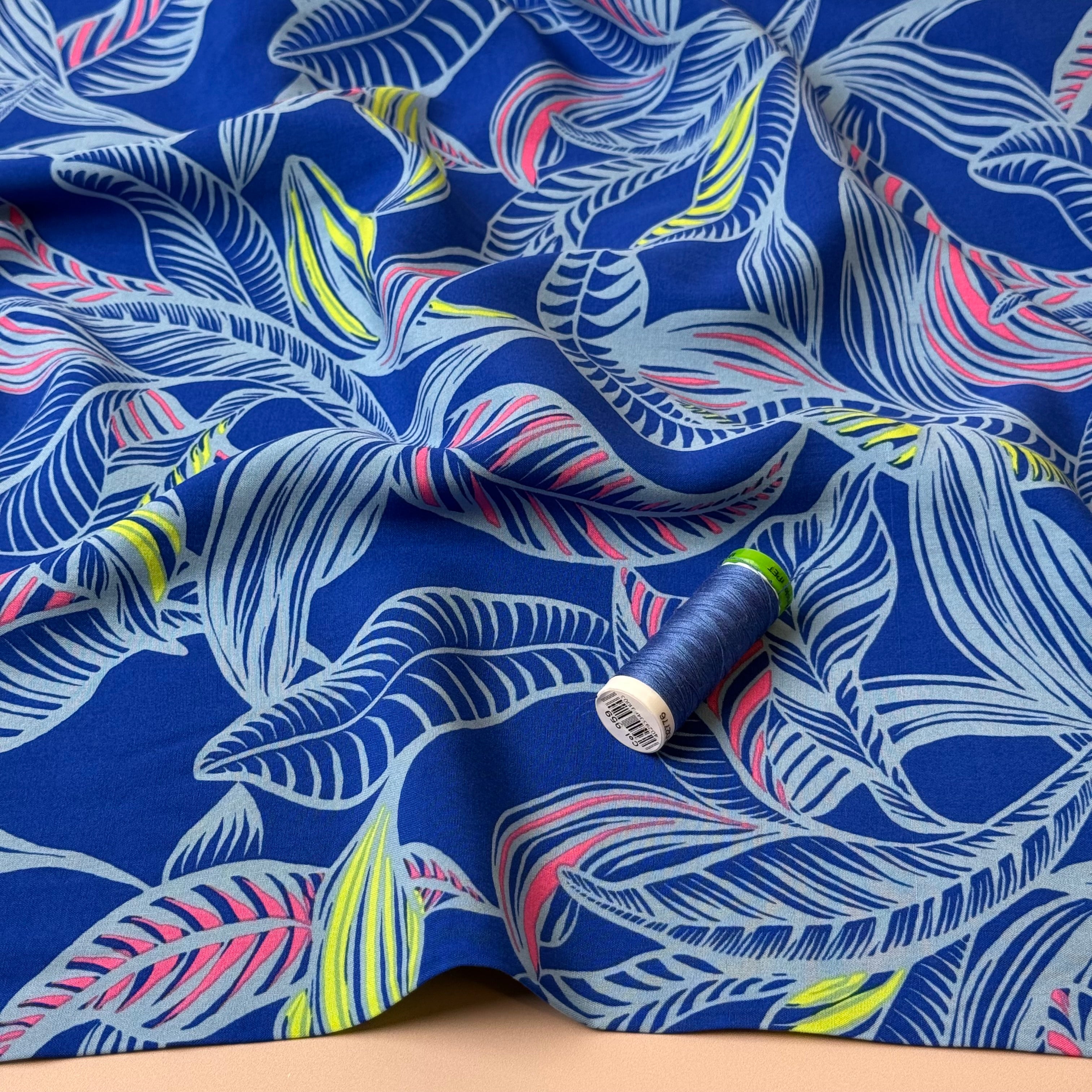 Leaves on Cobalt LENZING™ ECOVERO™ Viscose Fabric