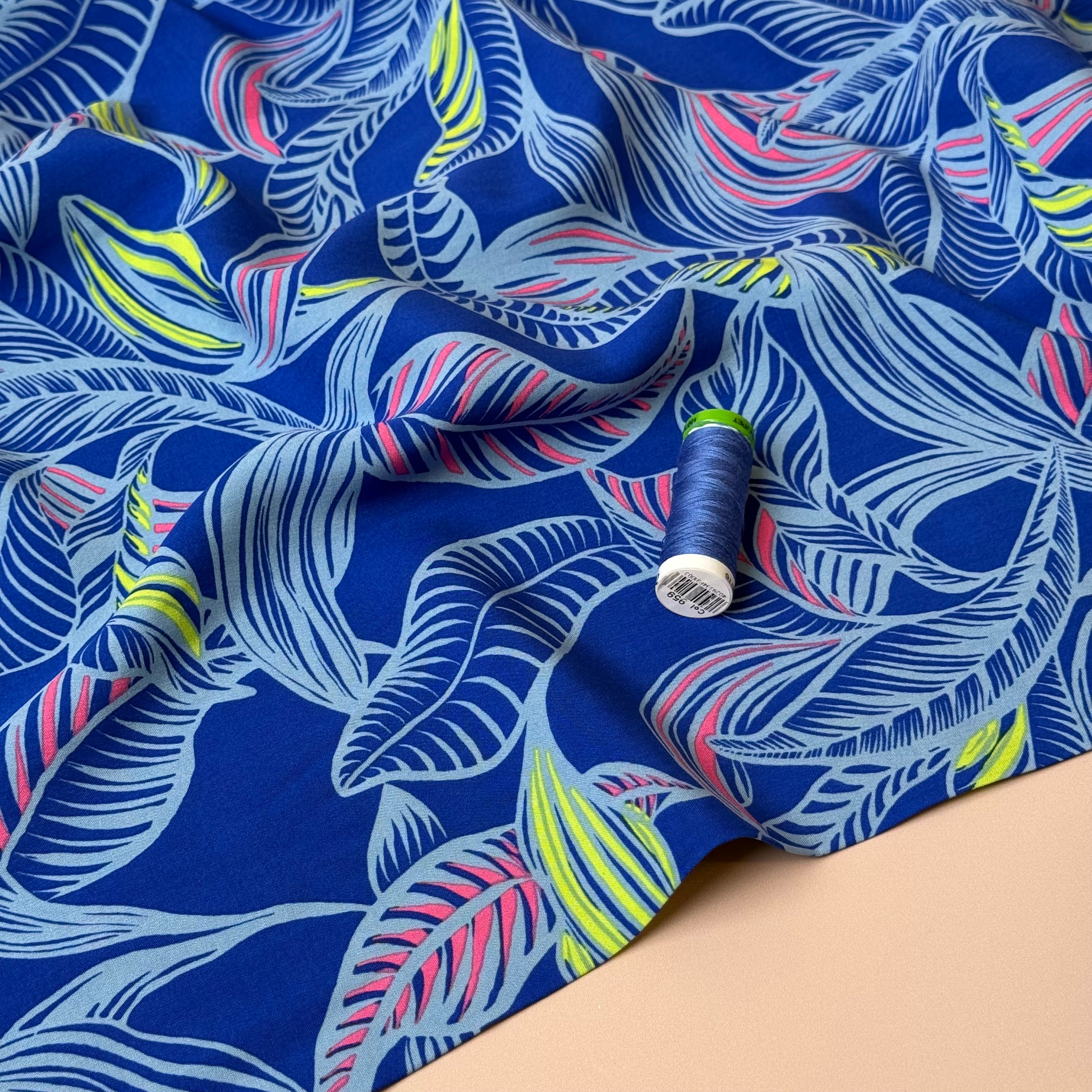 Leaves on Cobalt LENZING™ ECOVERO™ Viscose Fabric