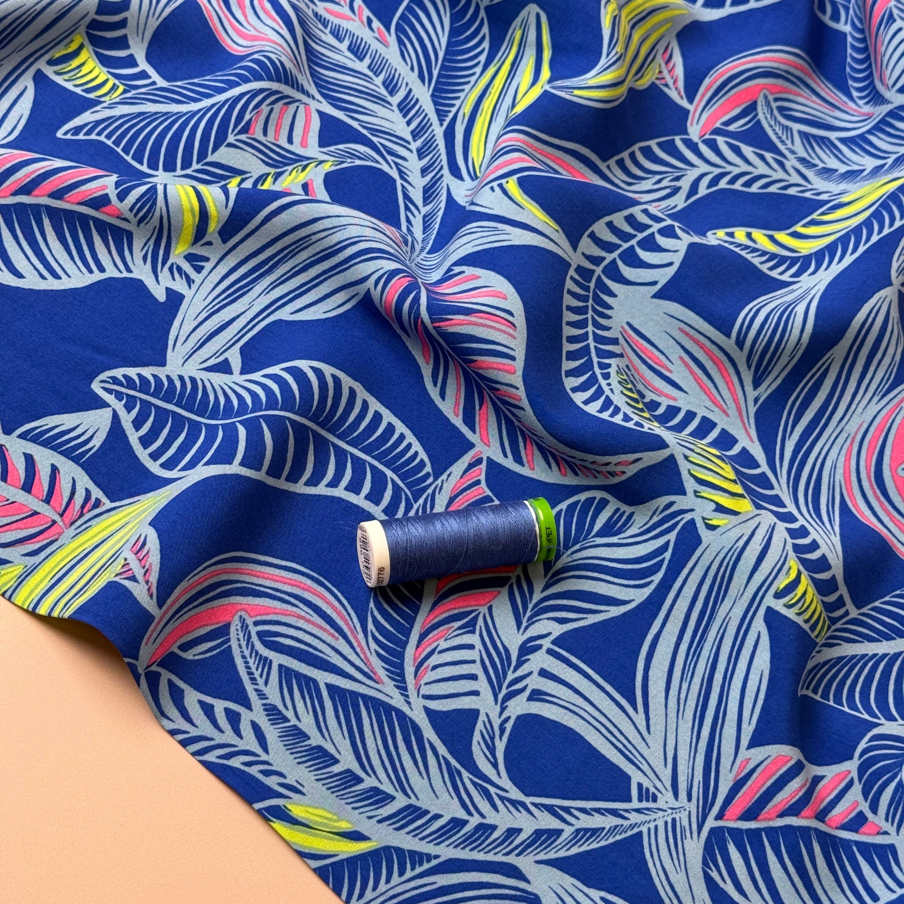 Leaves on Cobalt LENZING™ ECOVERO™ Viscose Fabric