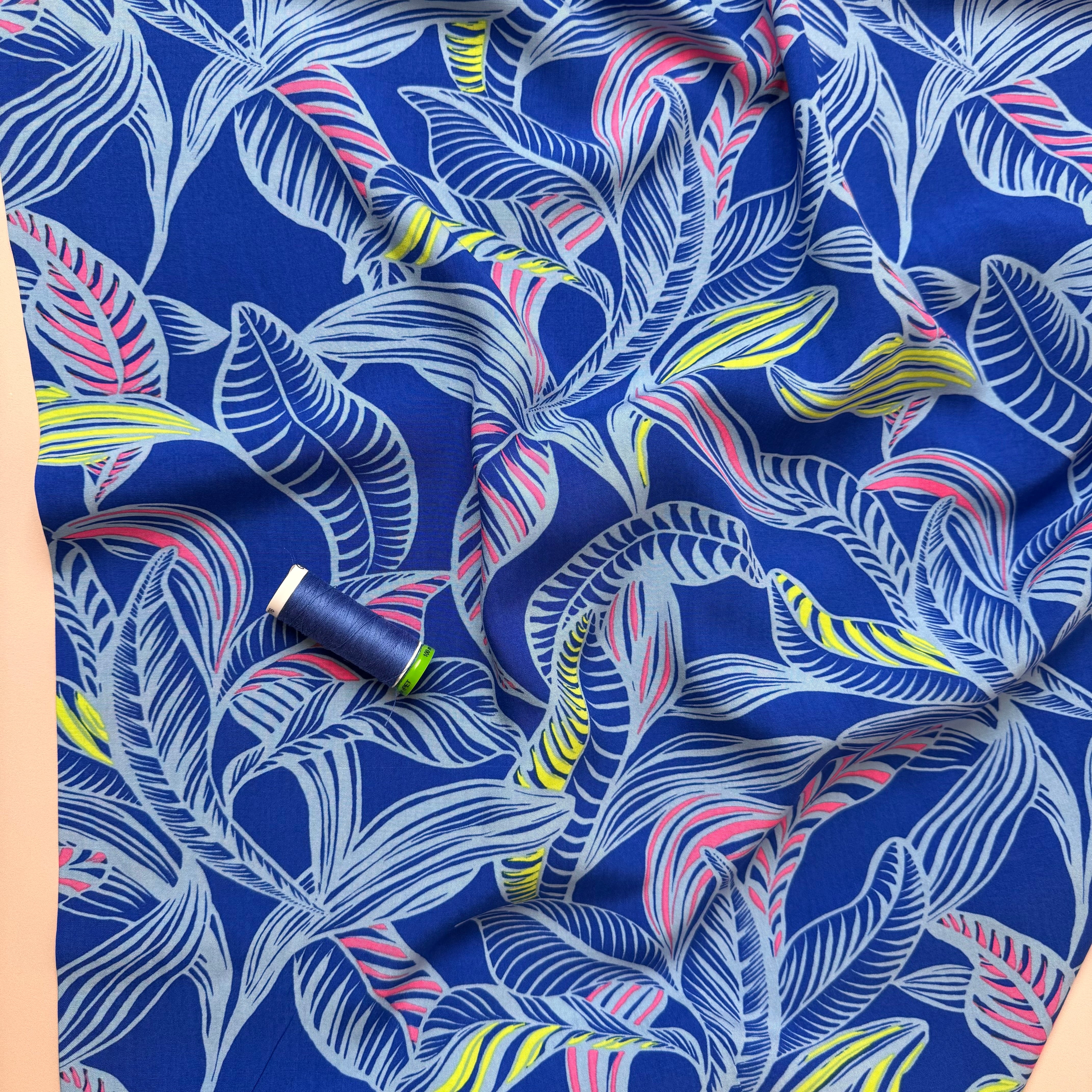 Leaves on Cobalt LENZING™ ECOVERO™ Viscose Fabric