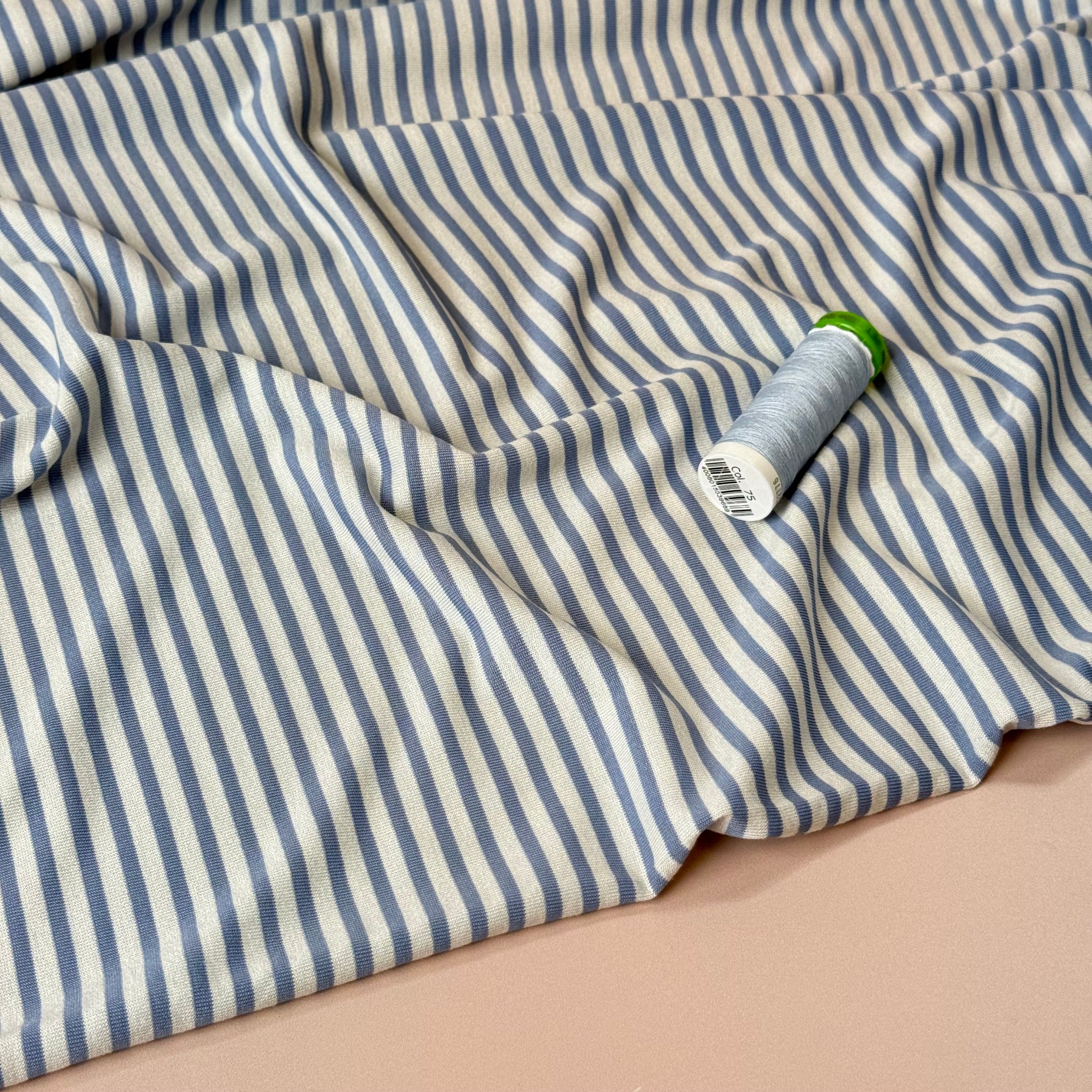 Deadstock Blue & Off-White Stripes Yarn Dyed Viscose Jersey