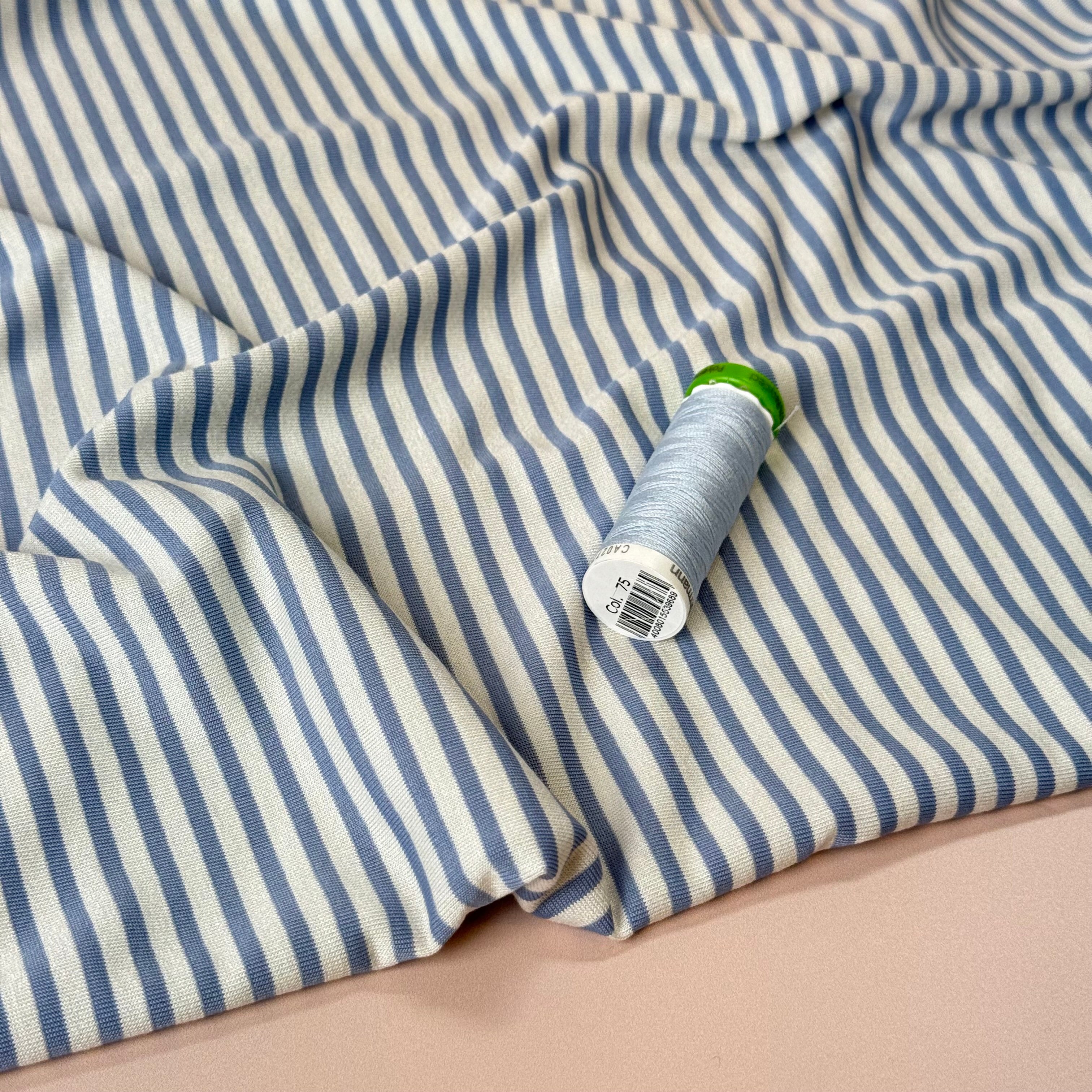Deadstock Blue & Off-White Stripes Yarn Dyed Viscose Jersey