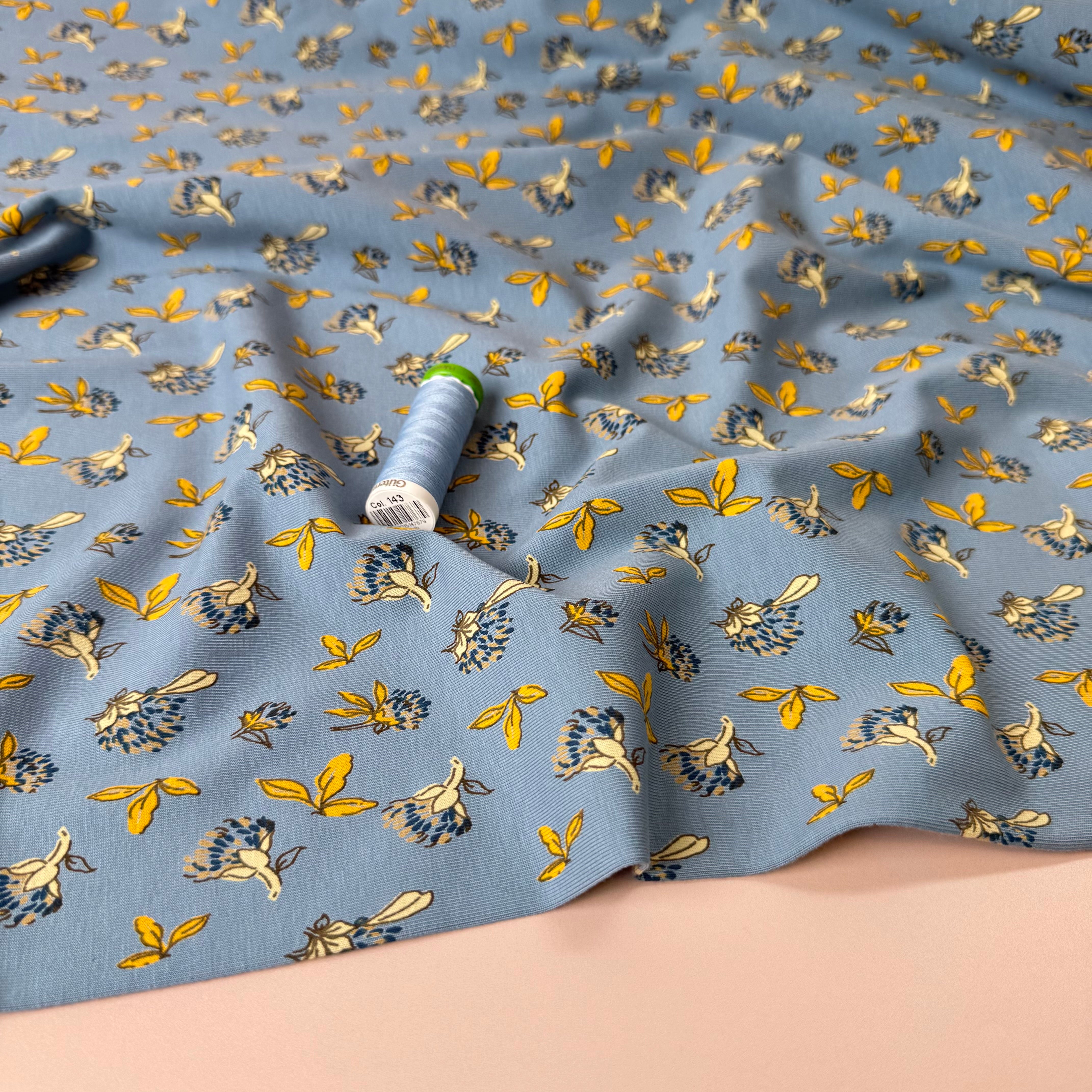Clovers in Blue Cotton Jersey Fabric