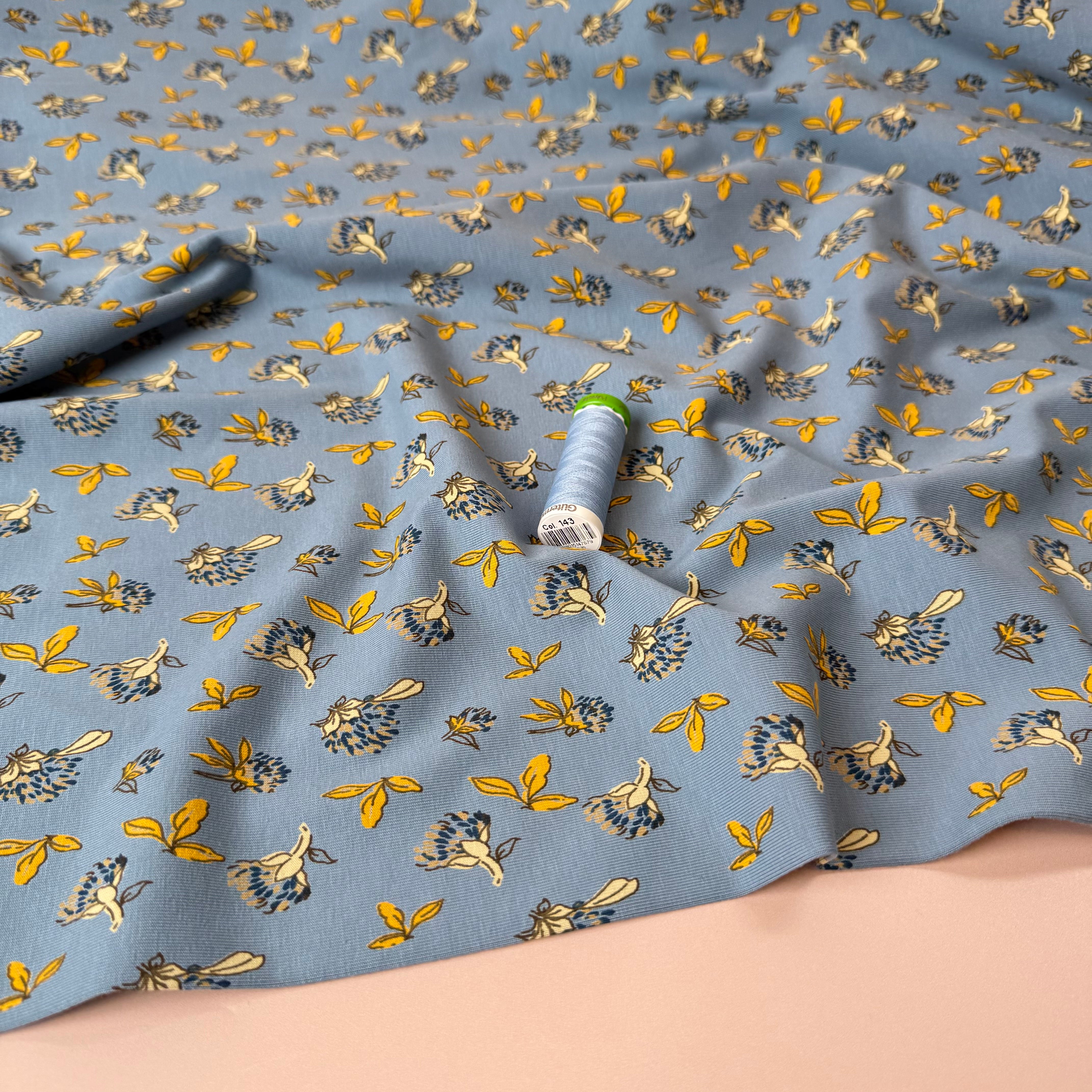 Clovers in Blue Cotton Jersey Fabric