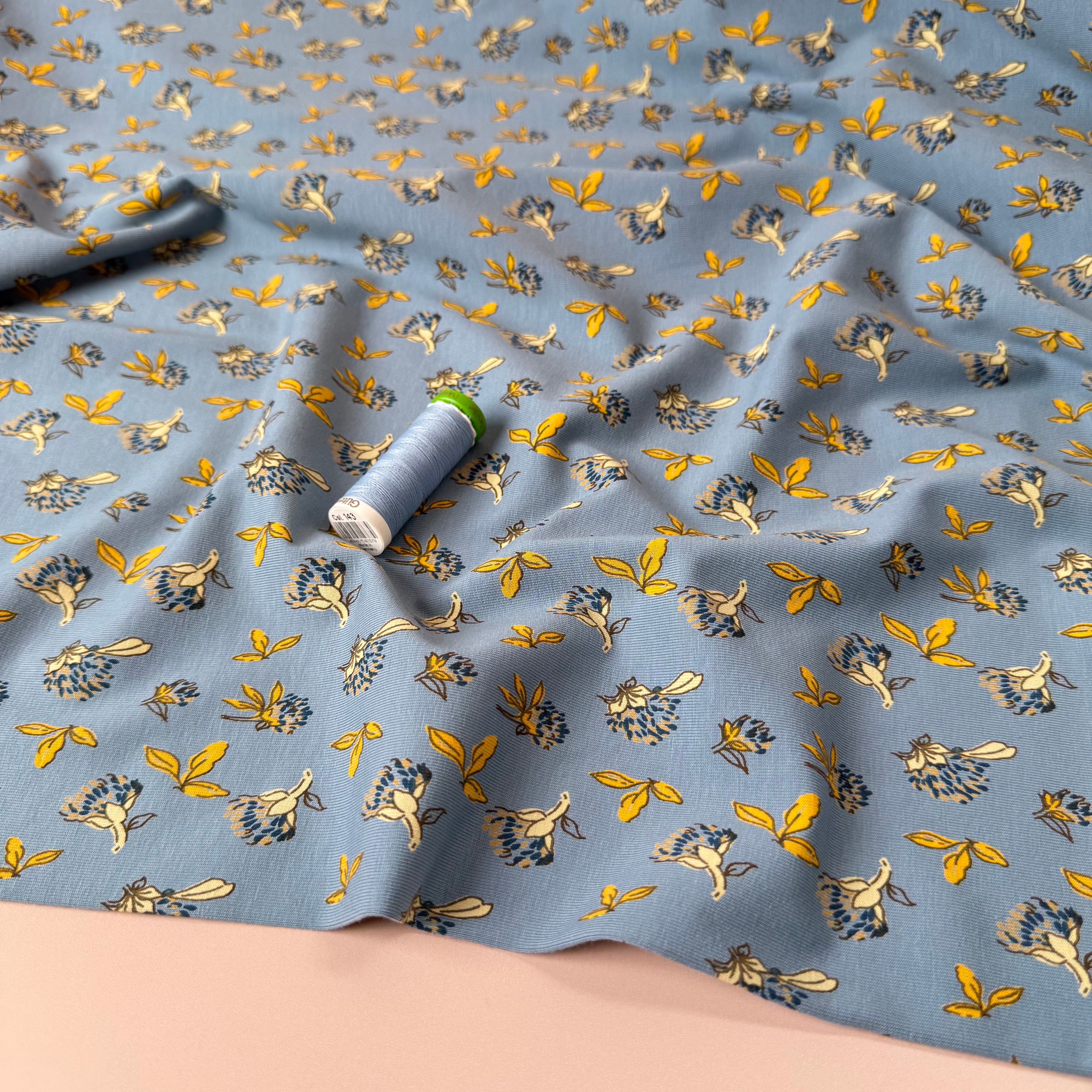 Clovers in Blue Cotton Jersey Fabric