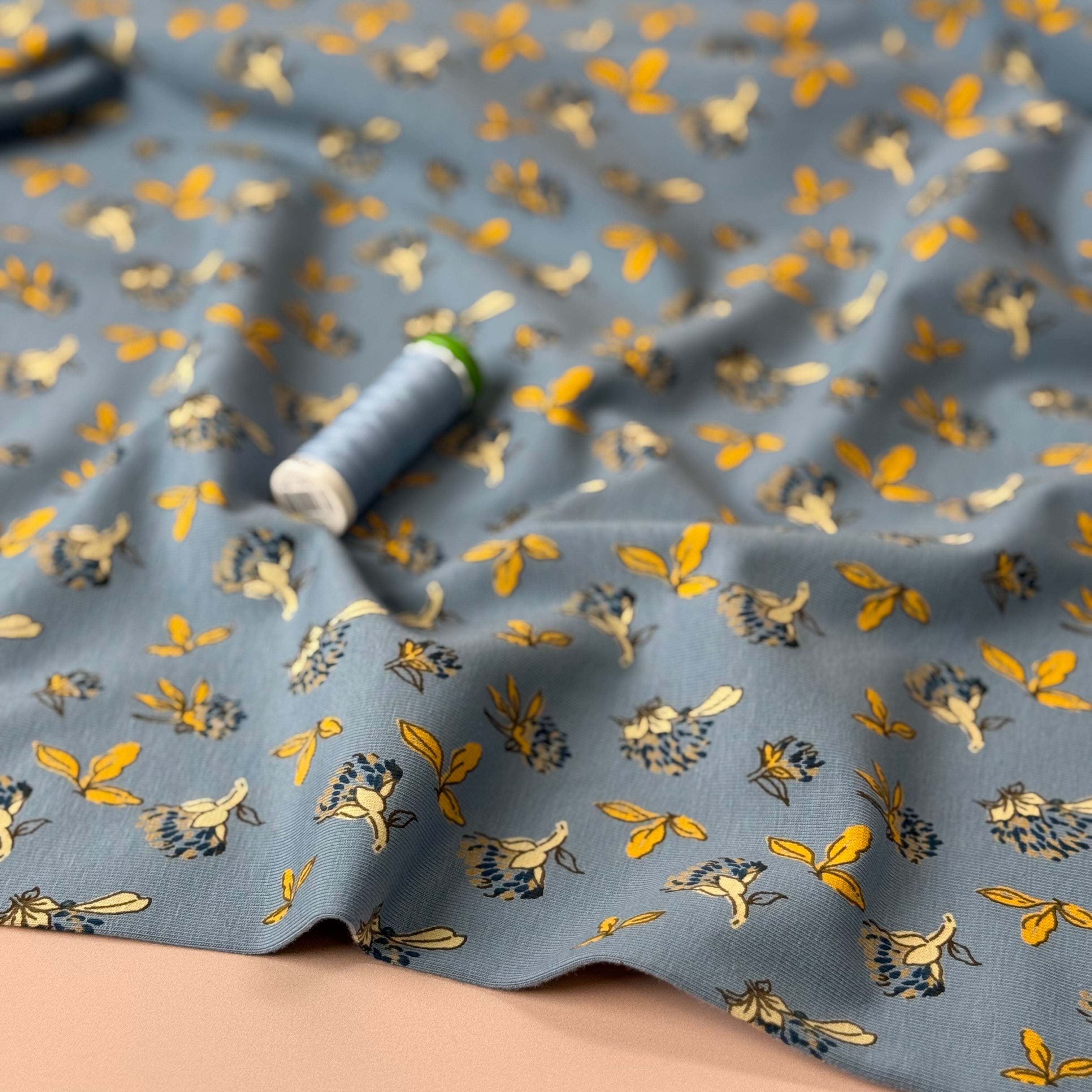 Clovers in Blue Cotton Jersey Fabric