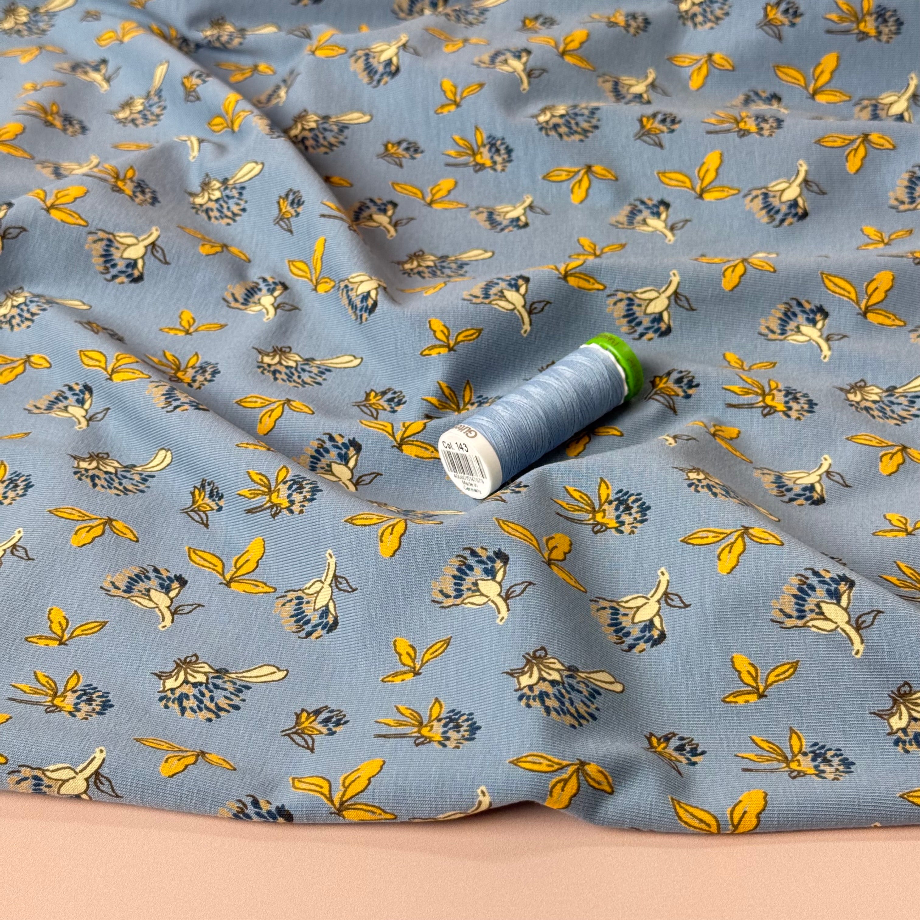 Clovers in Blue Cotton Jersey Fabric
