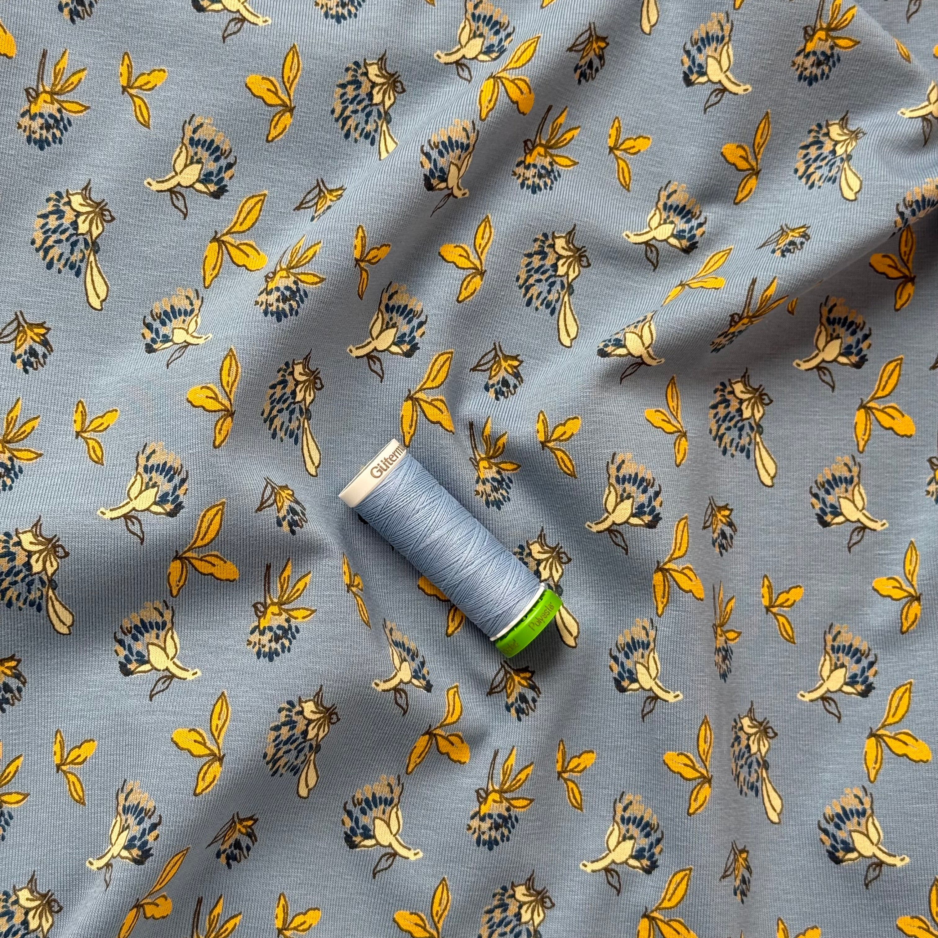 Clovers in Blue Cotton Jersey Fabric