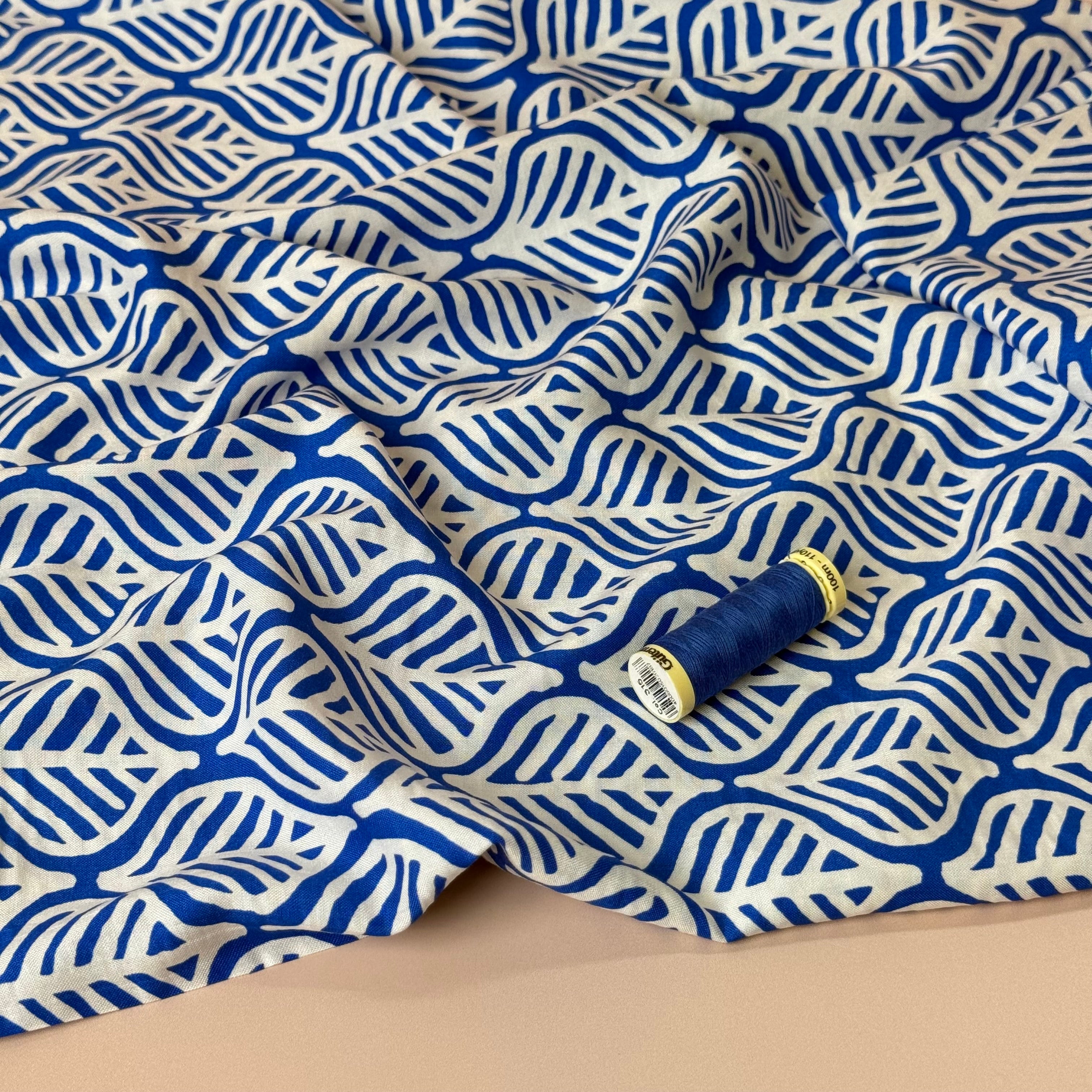 Deadstock Etched Leaves on Cobalt Viscose Fabric