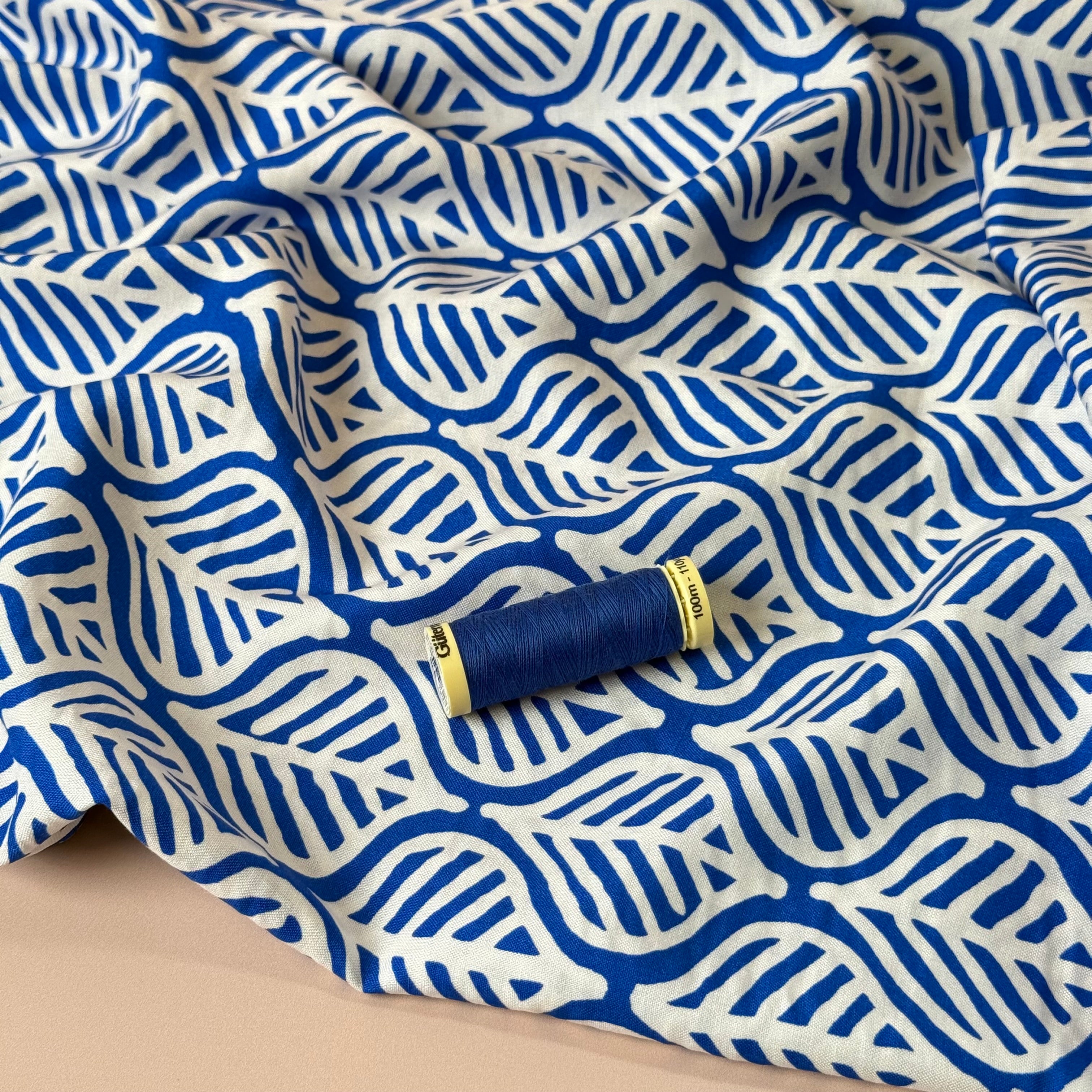 Deadstock Etched Leaves on Cobalt Viscose Fabric