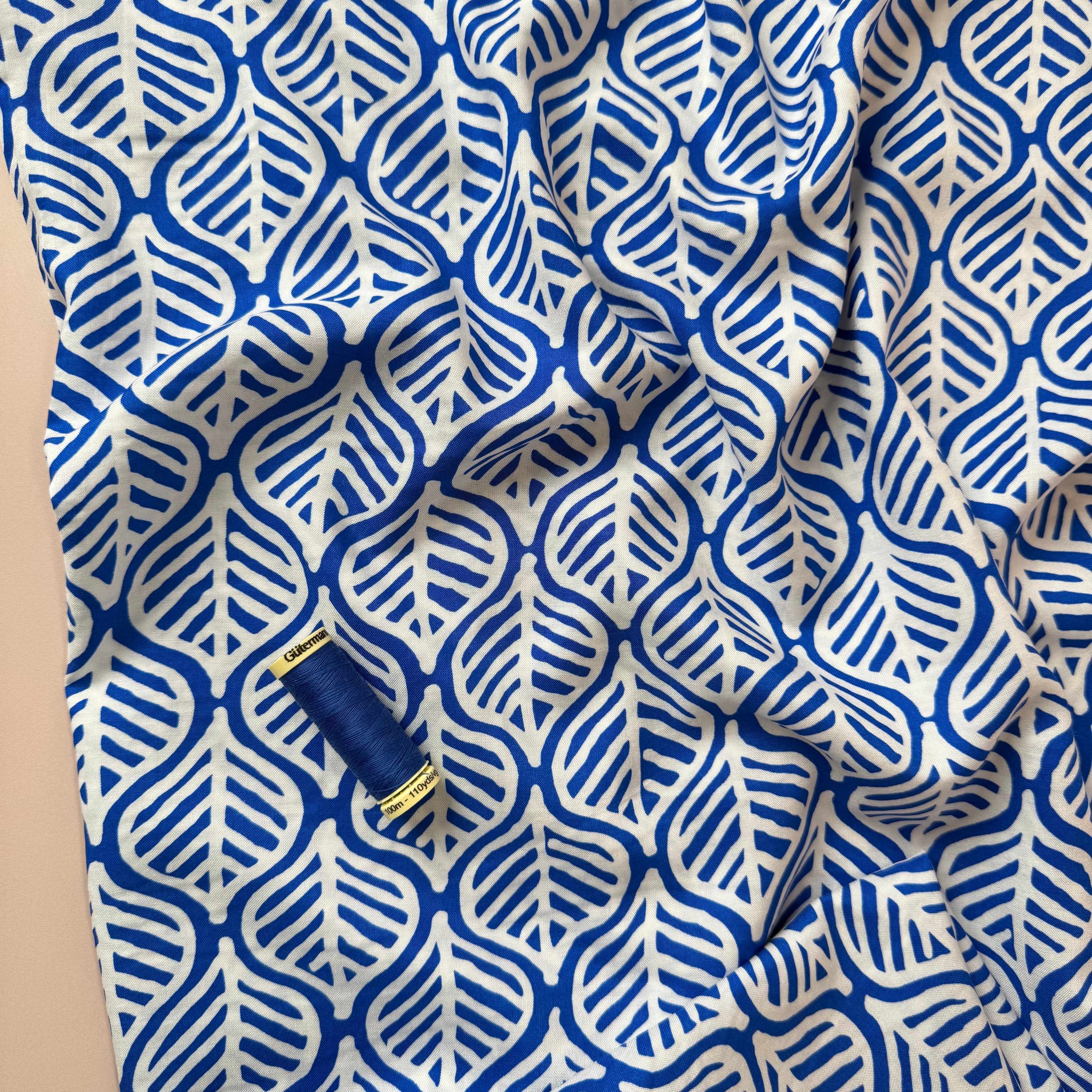 Deadstock Etched Leaves on Cobalt Viscose Fabric