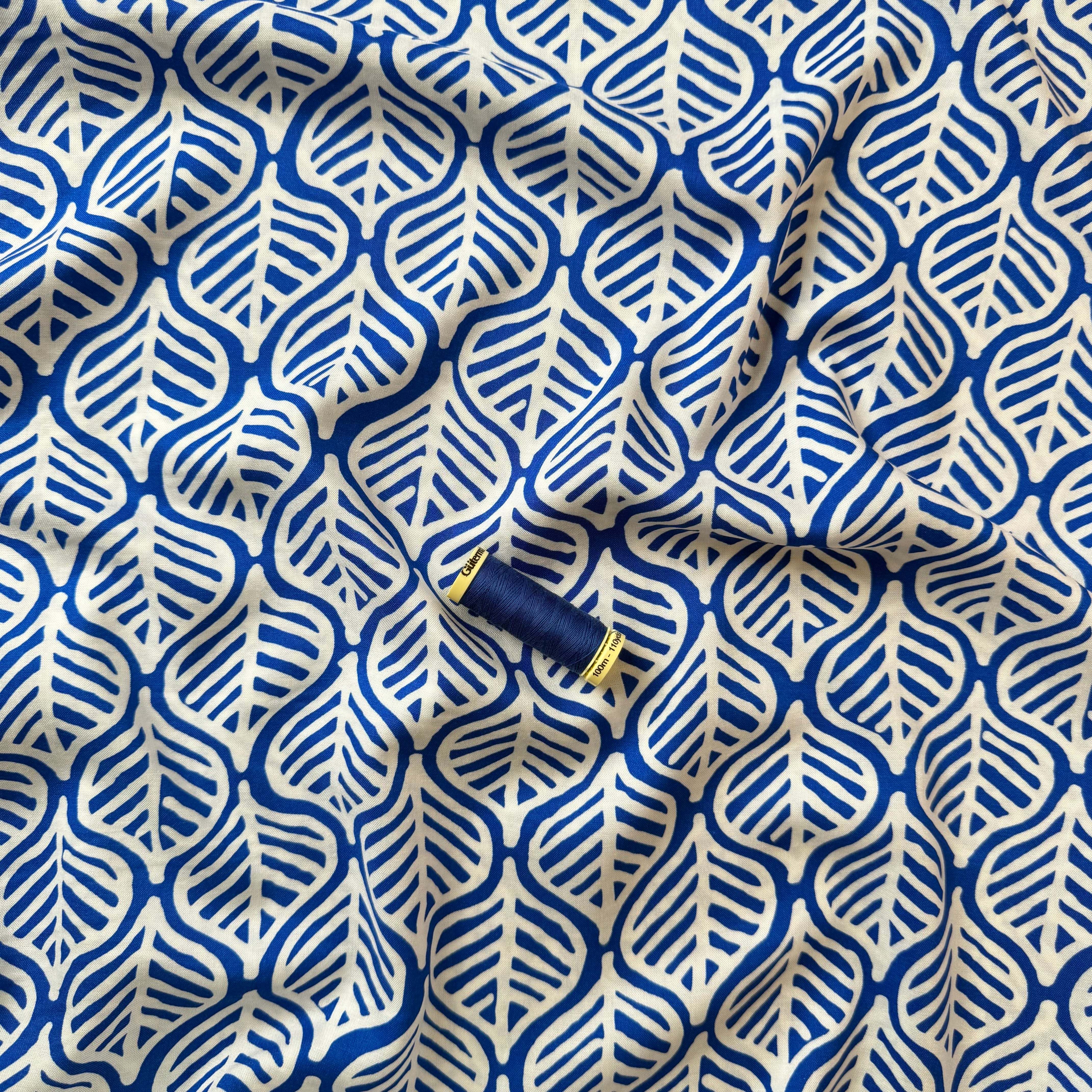 Deadstock Etched Leaves on Cobalt Viscose Fabric