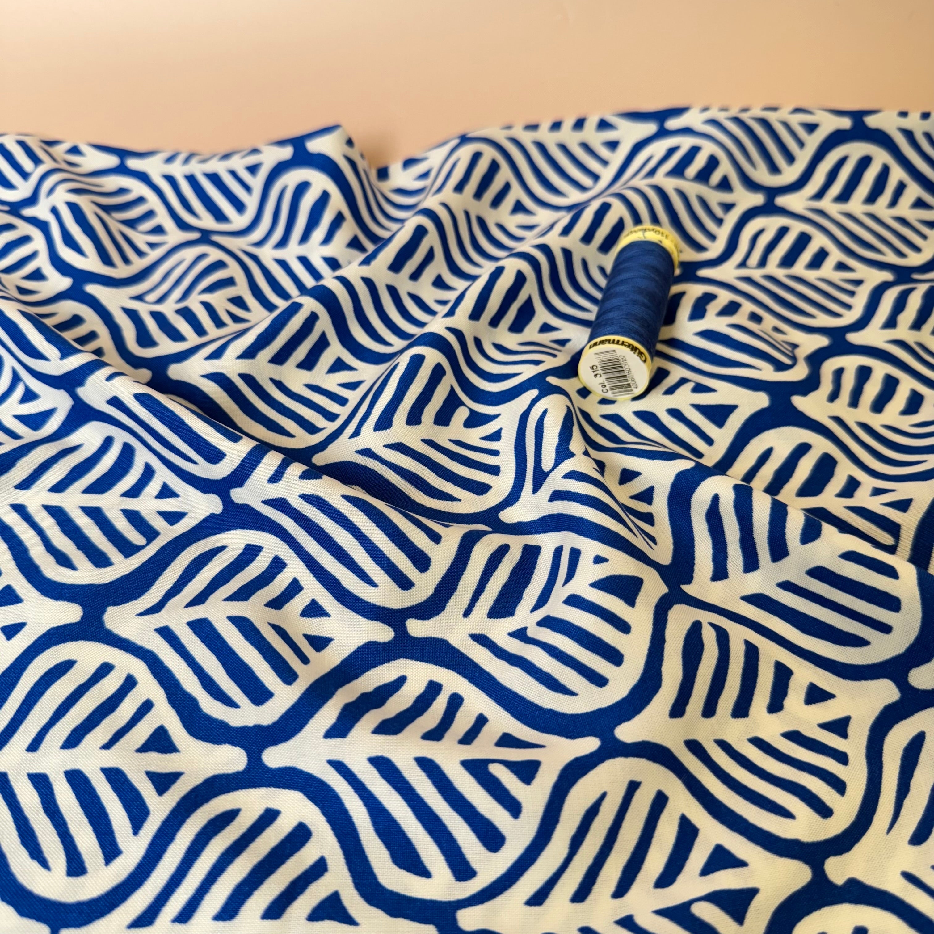 Deadstock Etched Leaves on Cobalt Viscose Fabric