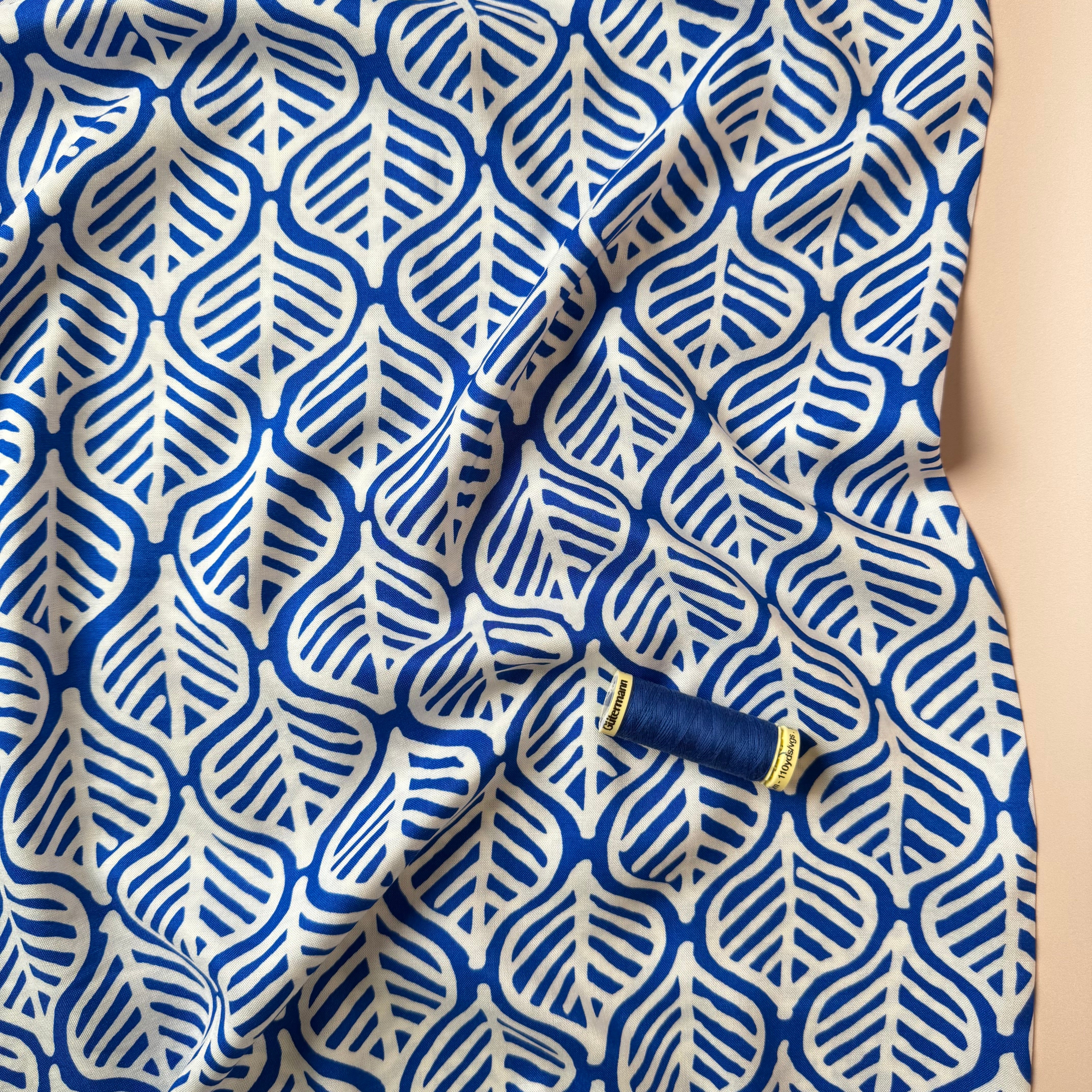 Deadstock Etched Leaves on Cobalt Viscose Fabric