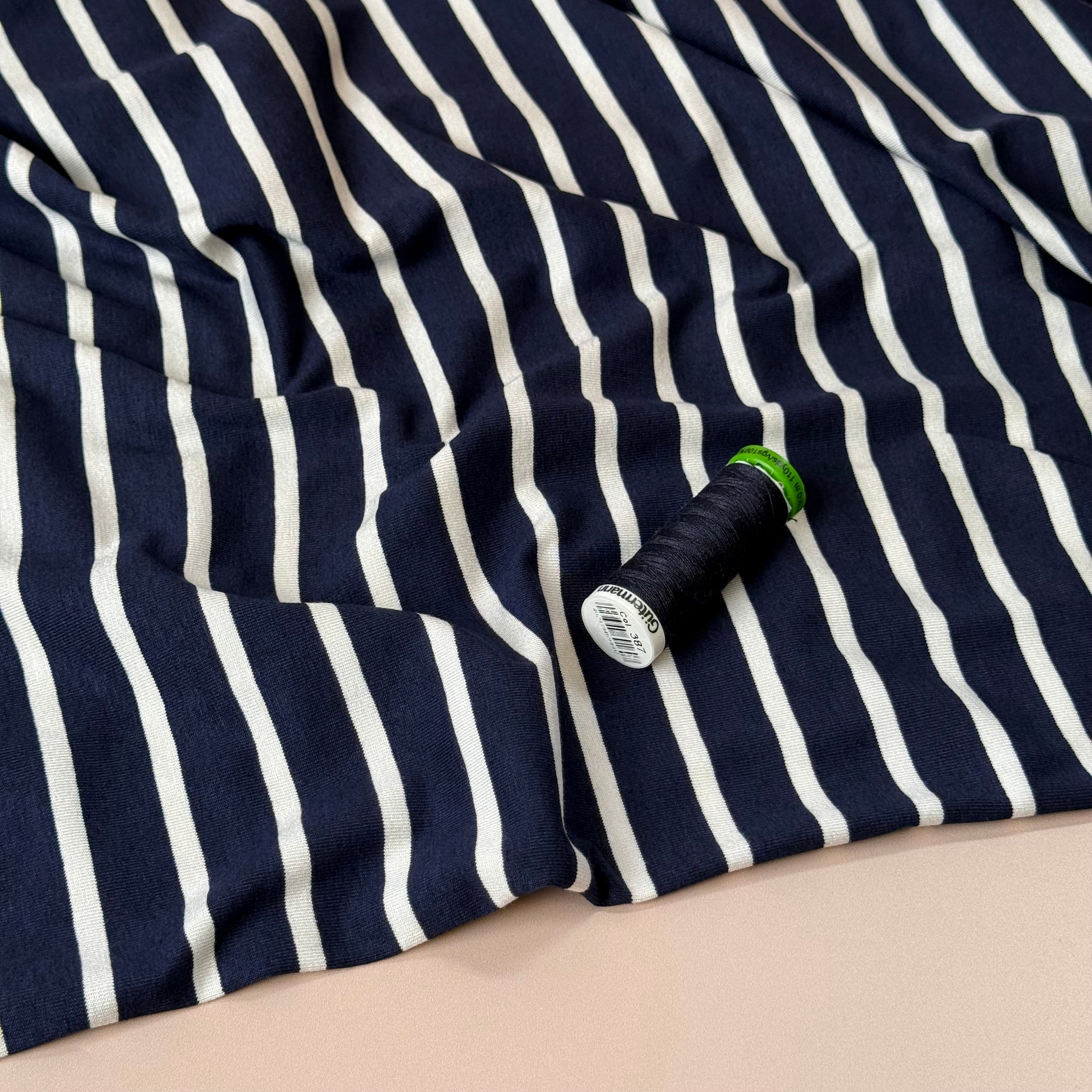 Deadstock White Stripes on Navy Yarn Dyed Viscose Jersey