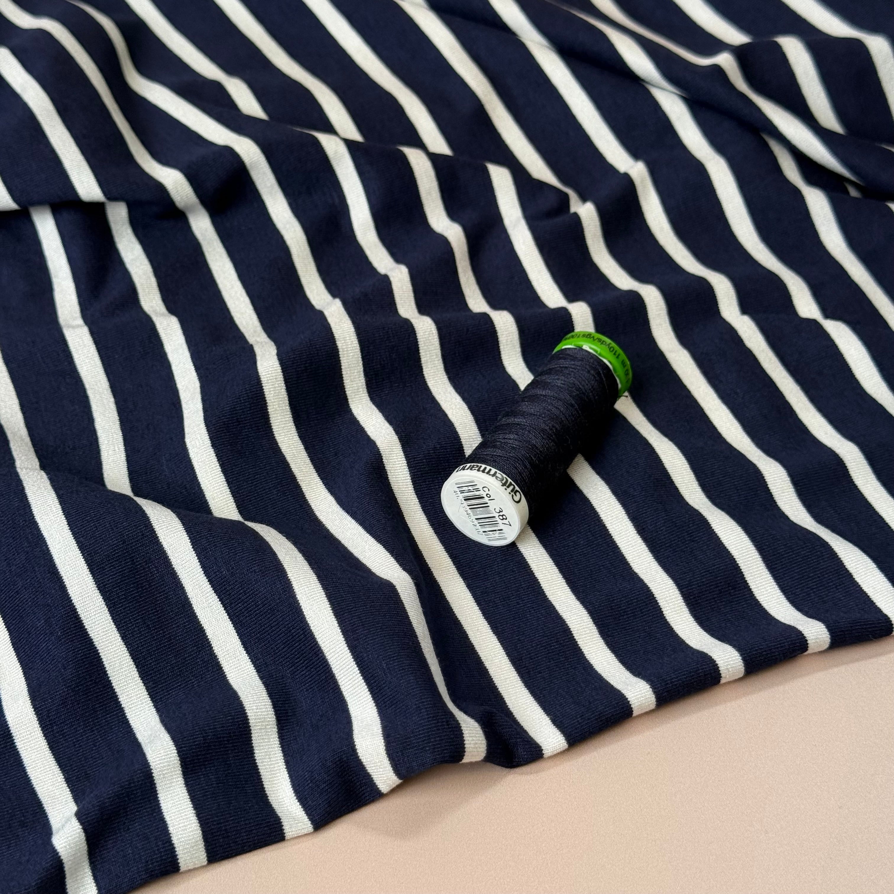 Deadstock White Stripes on Navy Yarn Dyed Viscose Jersey