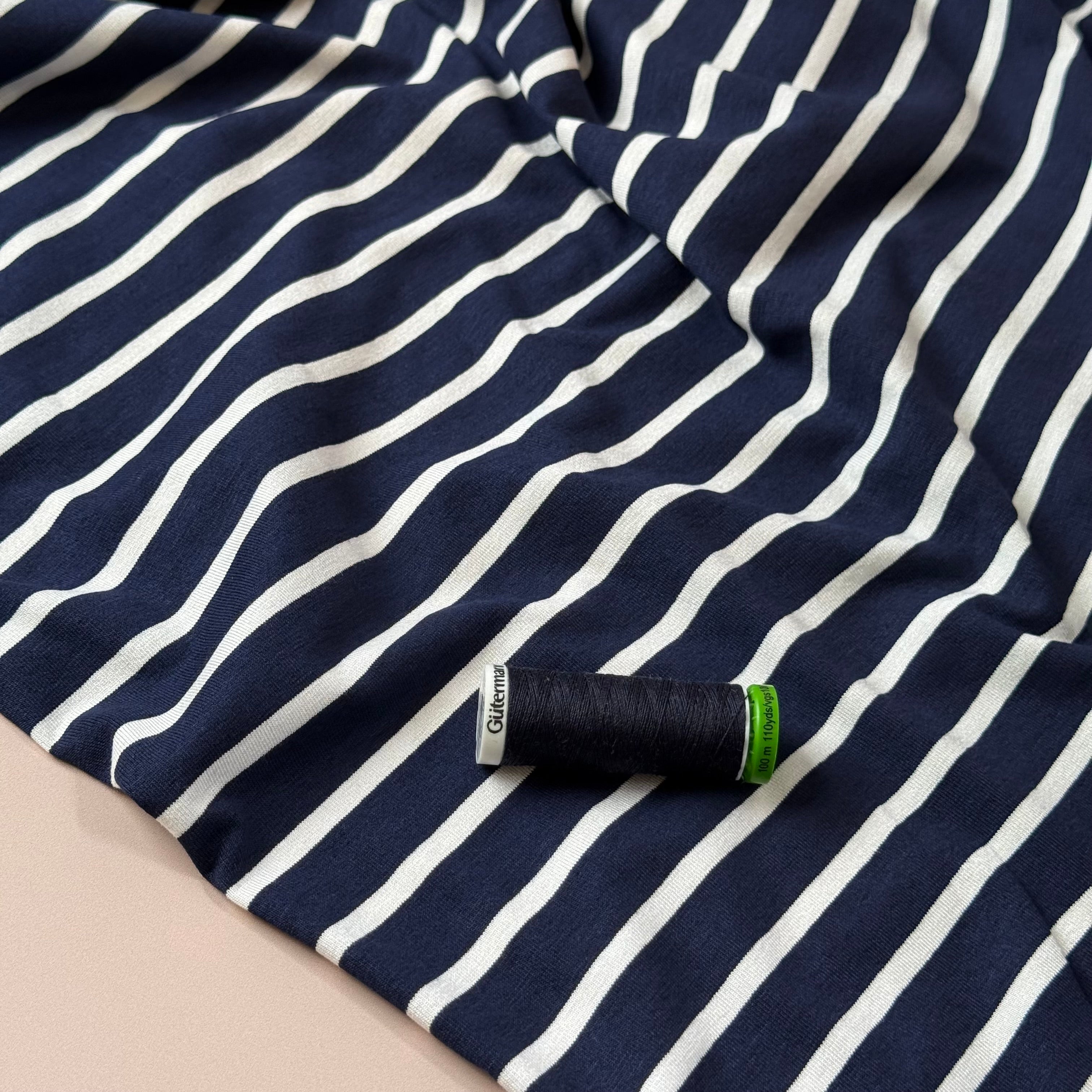 Deadstock White Stripes on Navy Yarn Dyed Viscose Jersey